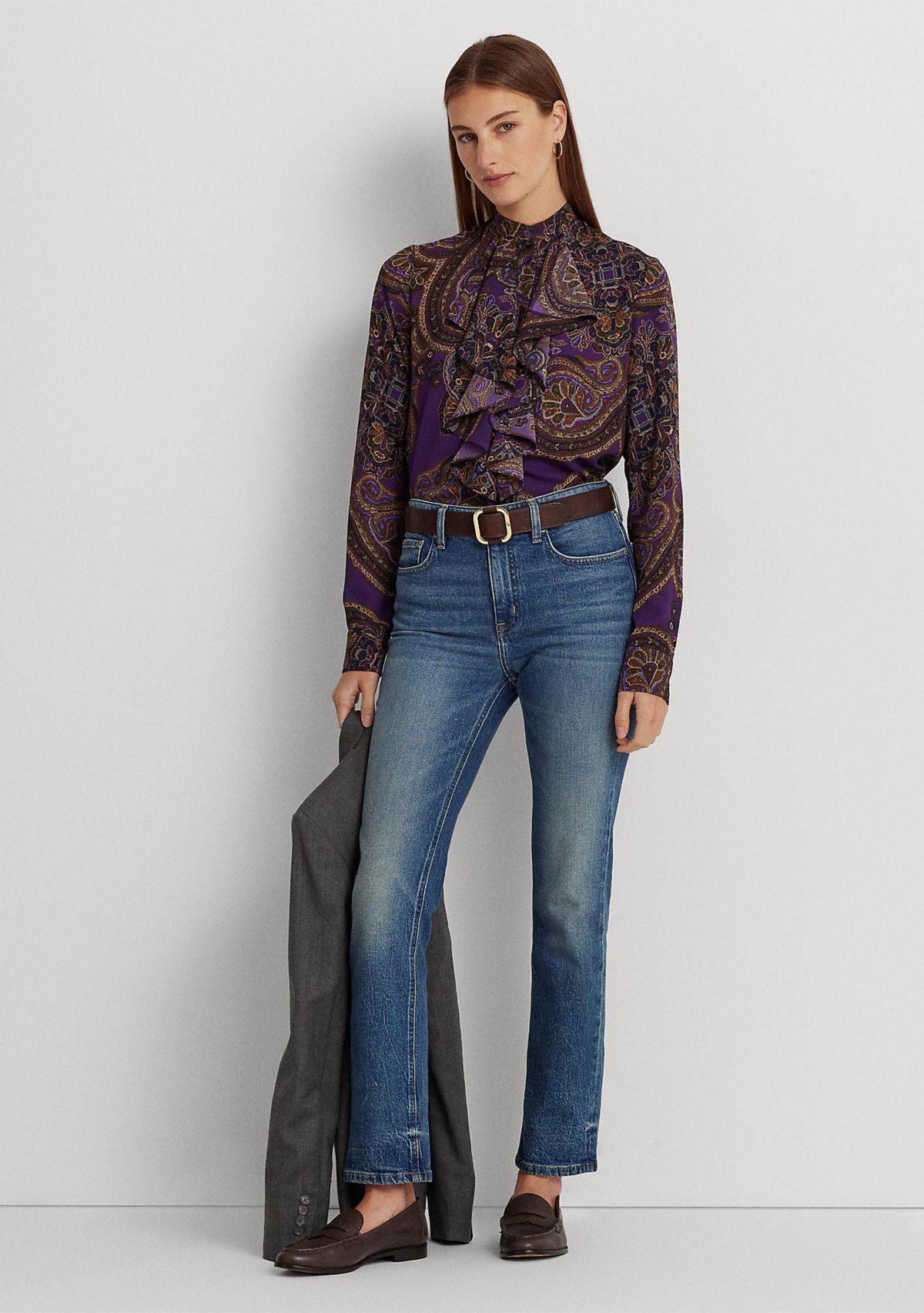 Petite Paisley Ruffle Trim Georgette Shirt