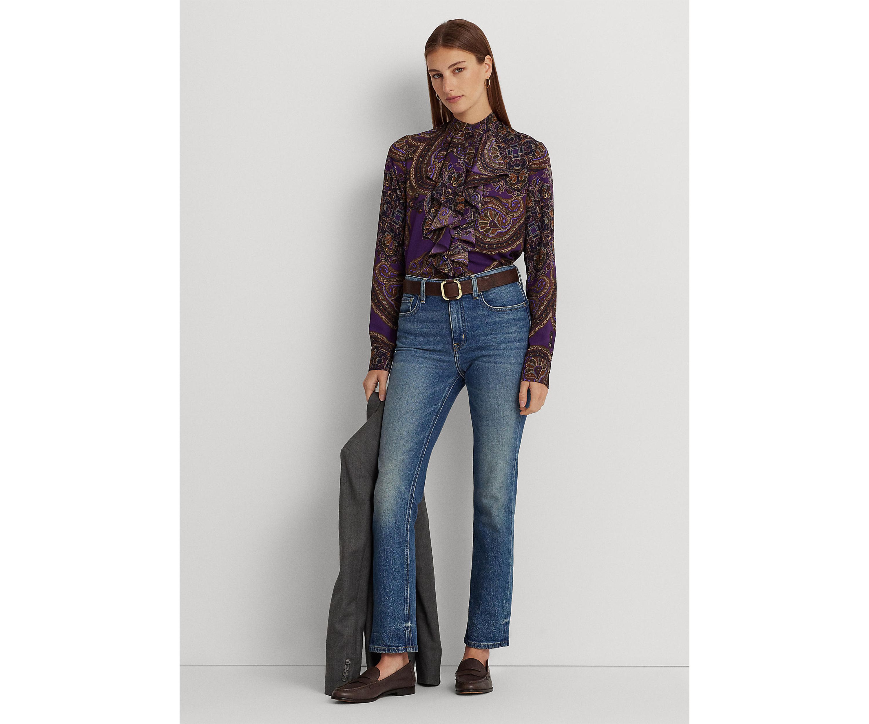 Petite Paisley Ruffle Trim Georgette Shirt