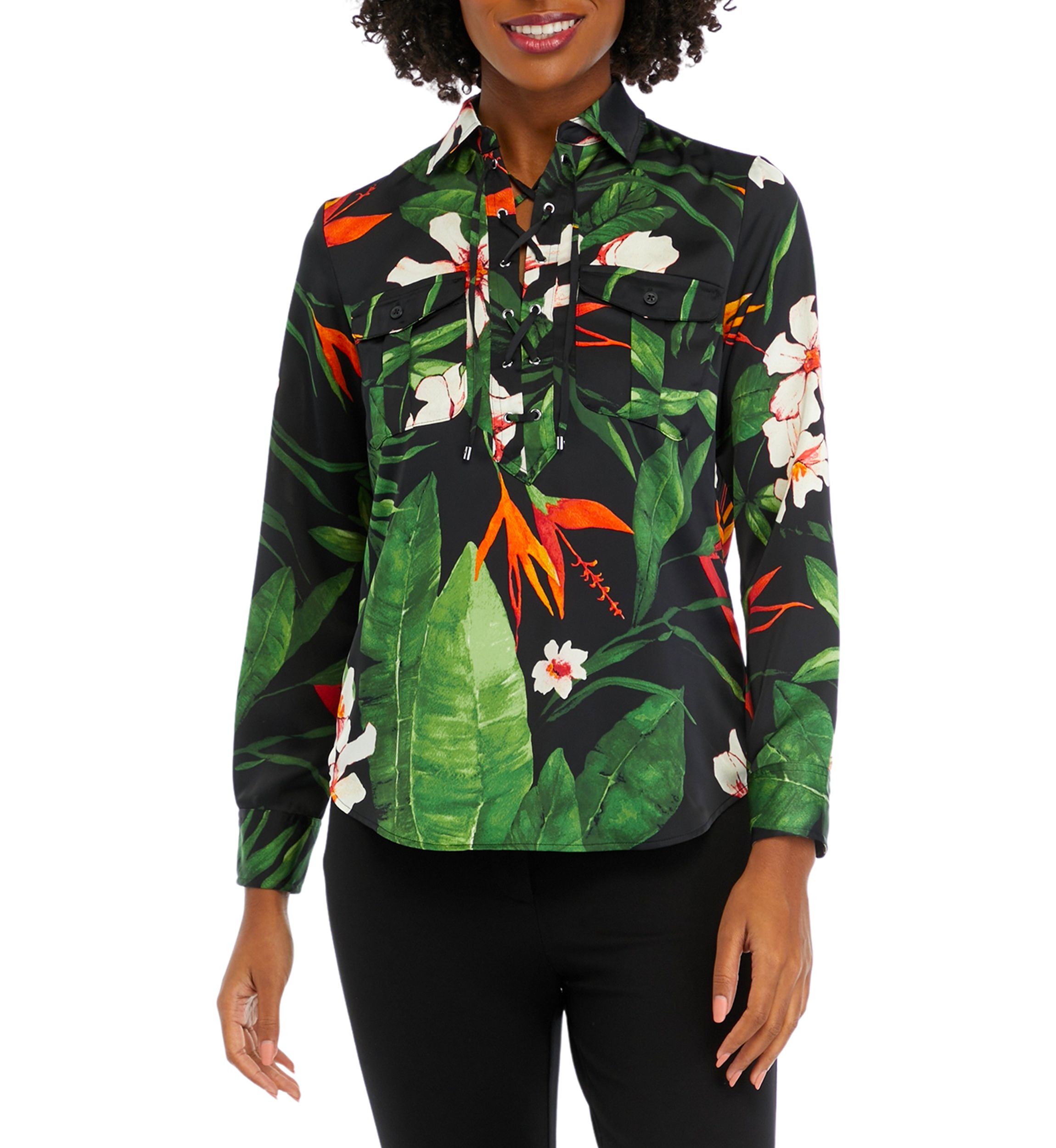 Petite Nilaycee Printed Lace Up Top