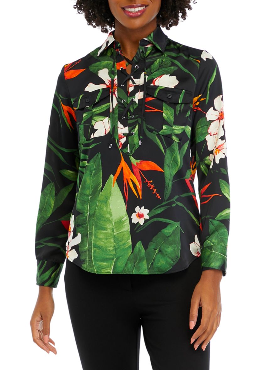 Petite Nilaycee Printed Lace Up Top