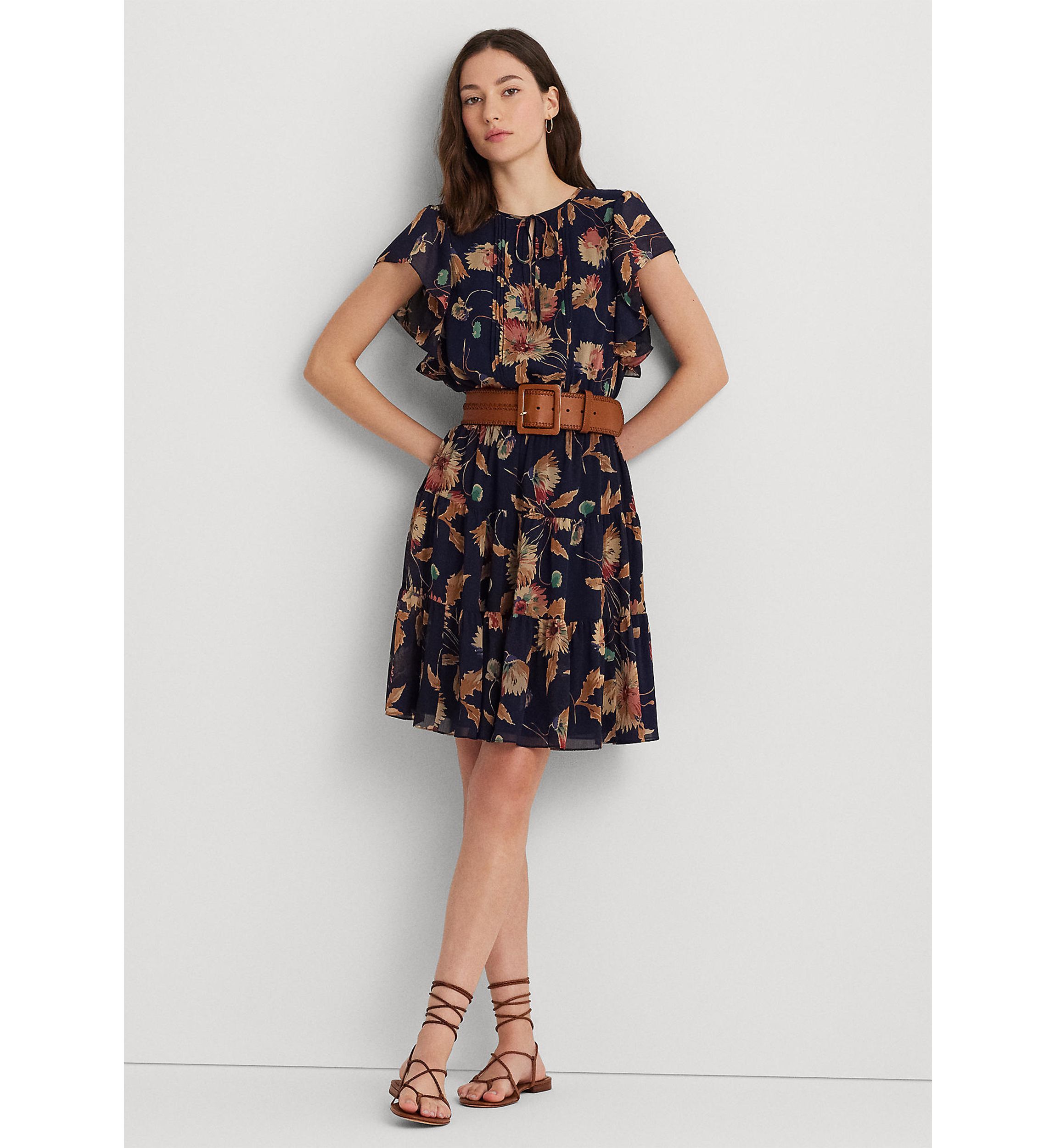 Petite Floral Crinkle Georgette Tie-Neck Dress