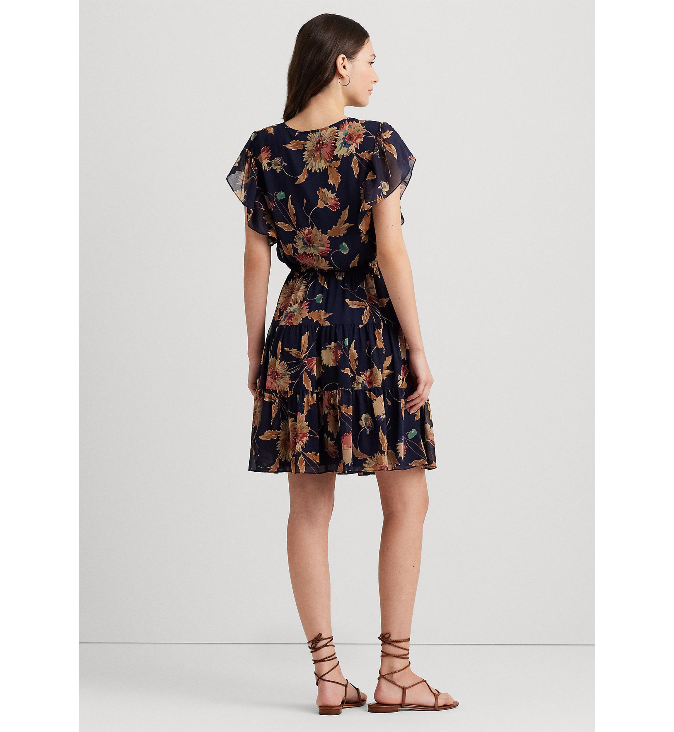 Petite Floral Crinkle Georgette Tie-Neck Dress