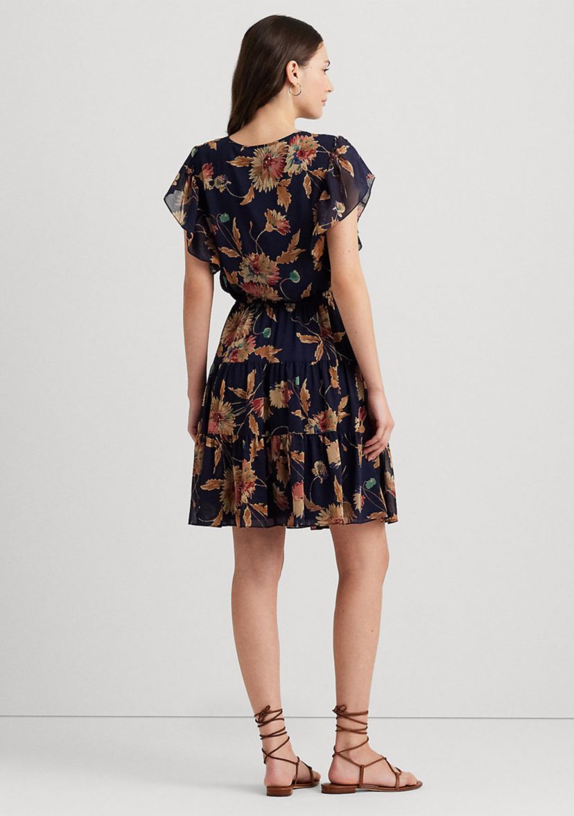 Petite Floral Crinkle Georgette Tie-Neck Dress