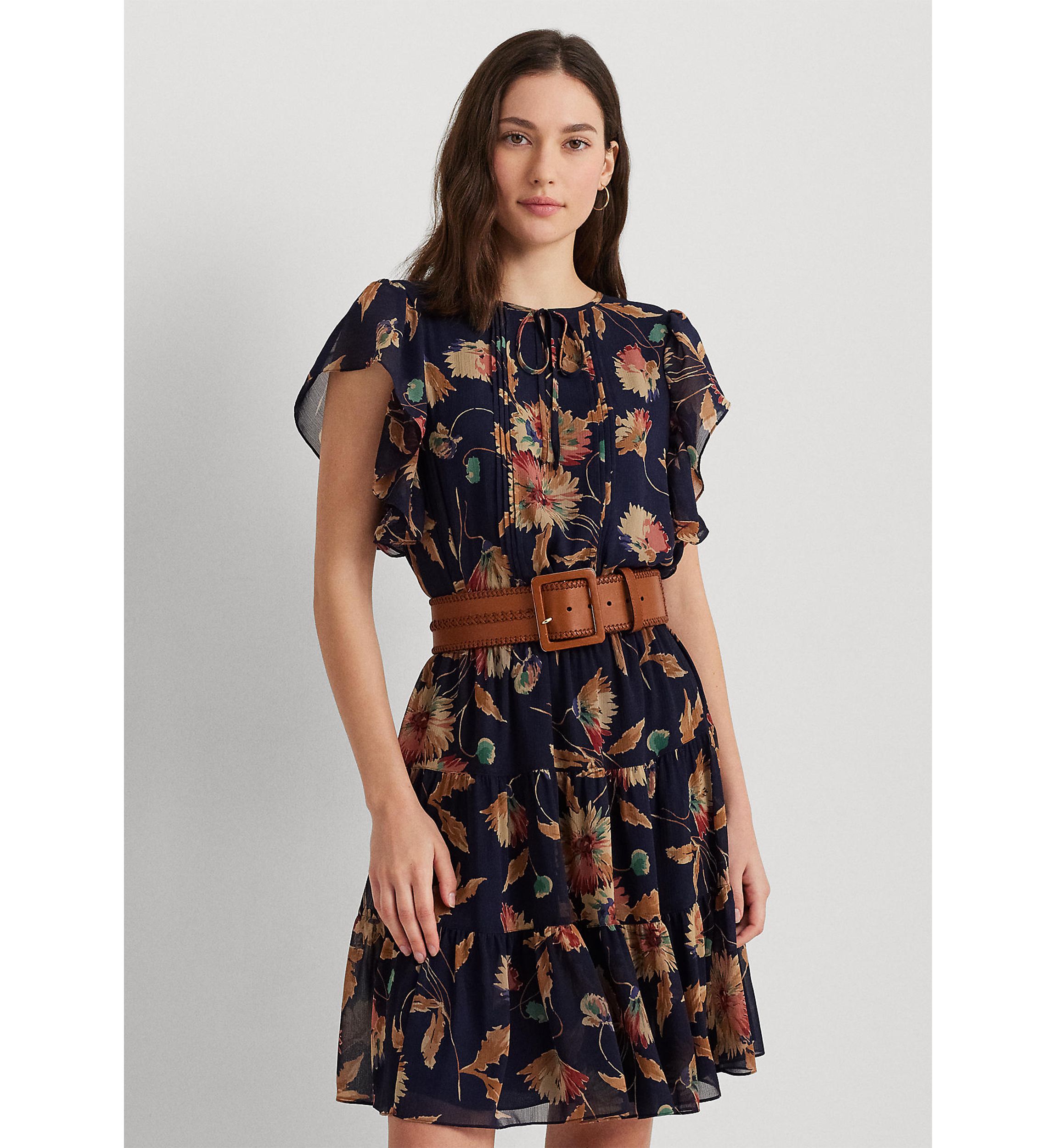 Petite Floral Crinkle Georgette Tie-Neck Dress