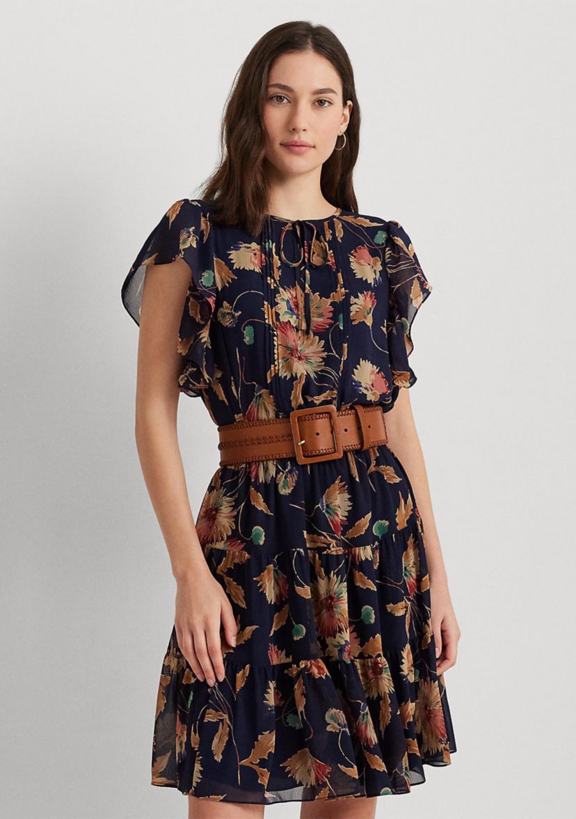 Petite Floral Crinkle Georgette Tie-Neck Dress