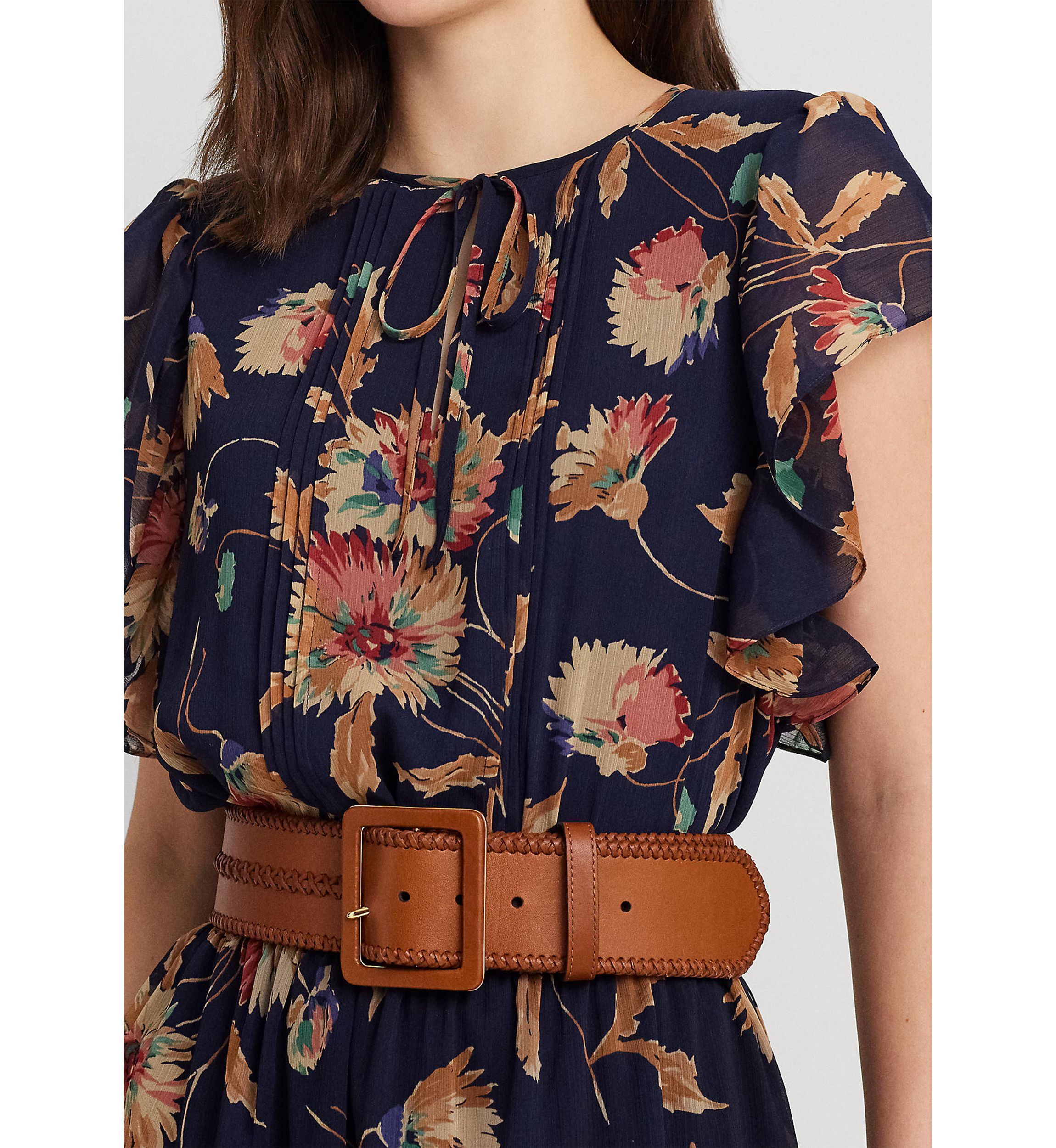 Petite Floral Crinkle Georgette Tie-Neck Dress