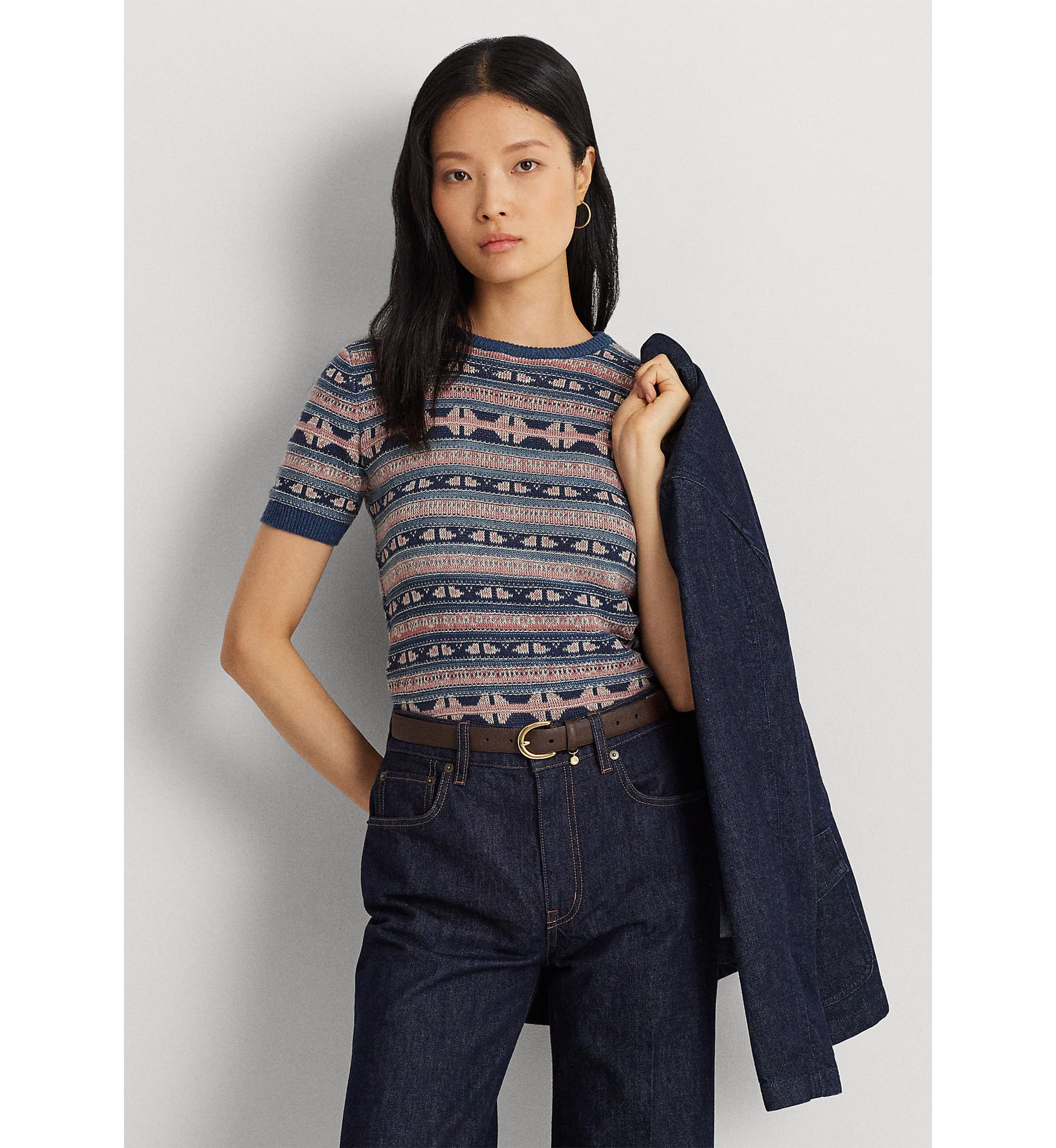 Petite Geo Stripe Short Sleeve Sweater