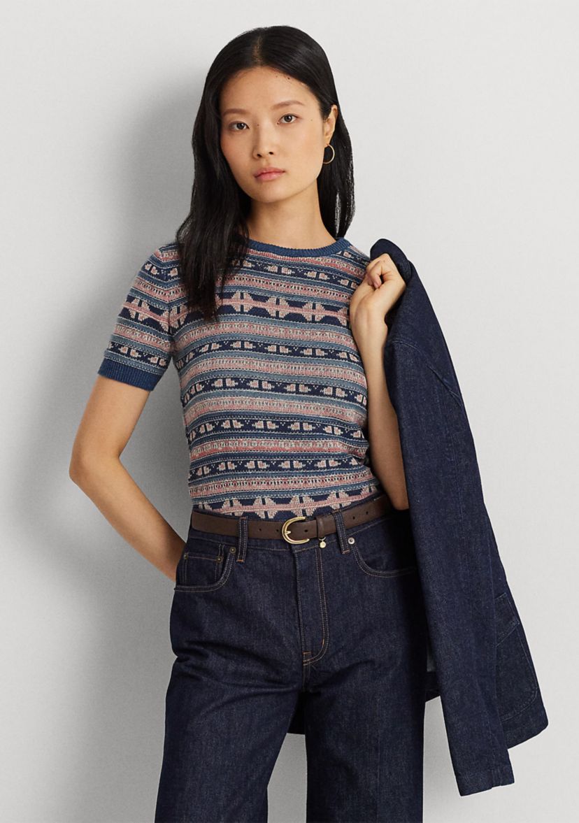 Petite Geo Stripe Short Sleeve Sweater