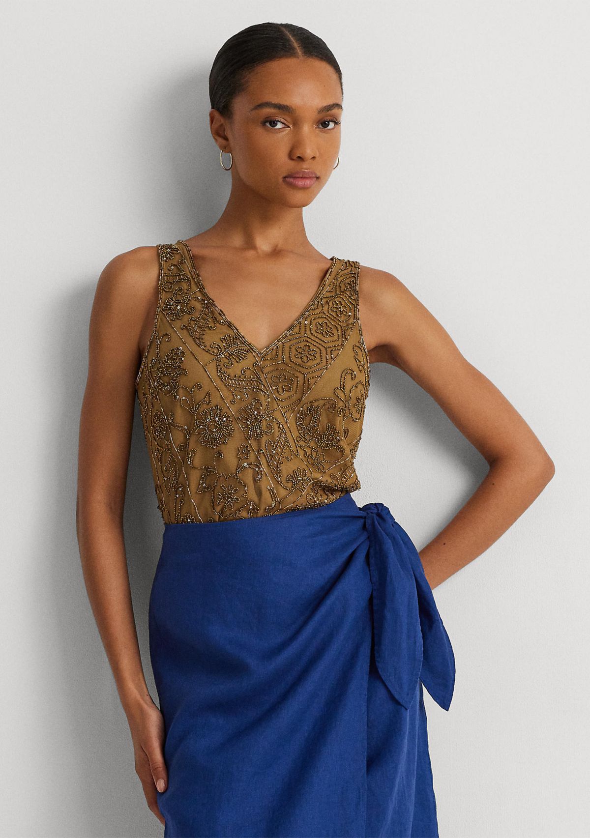 Petite Beaded Mesh Sleeveless Blouse