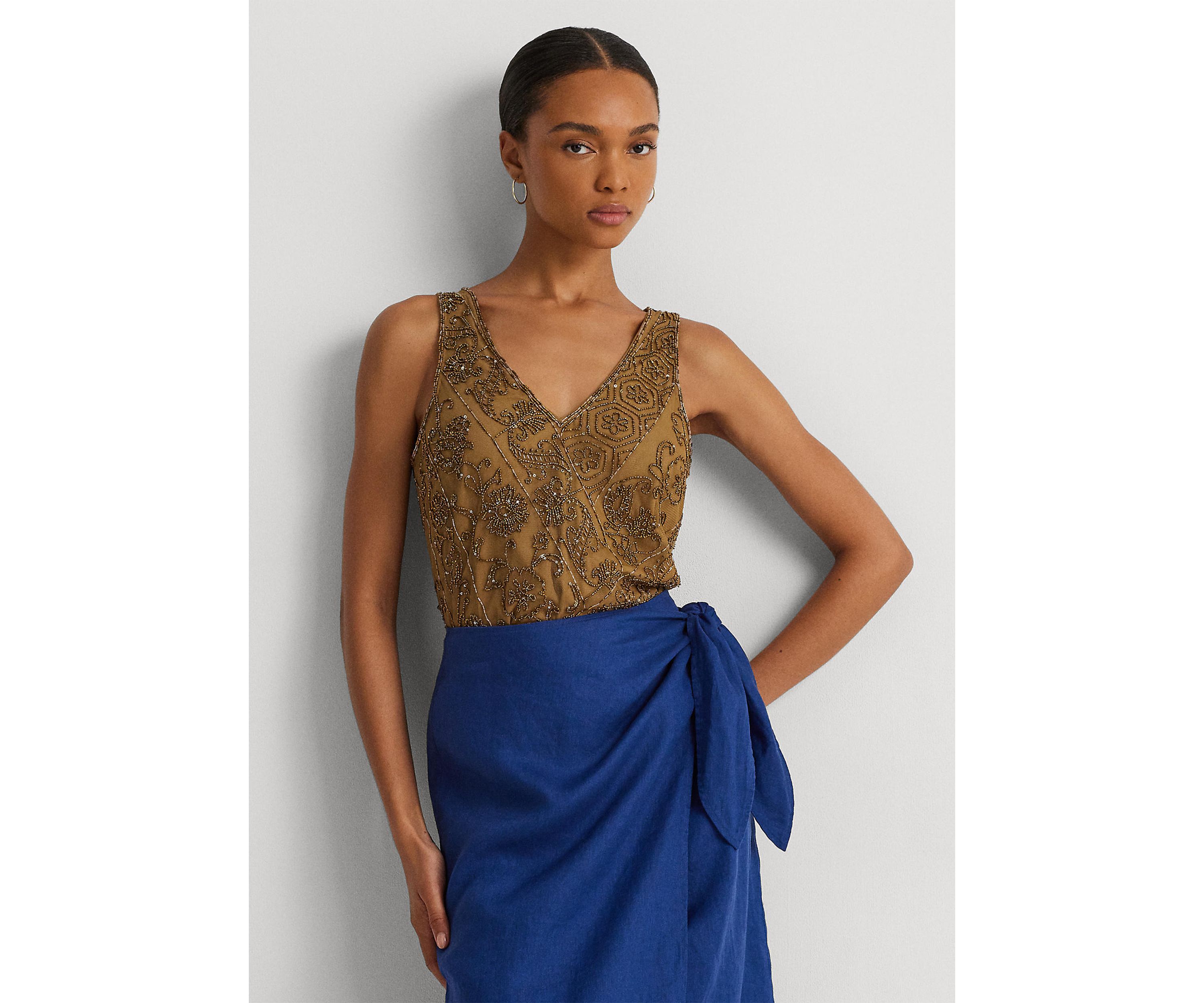 Petite Beaded Mesh Sleeveless Blouse