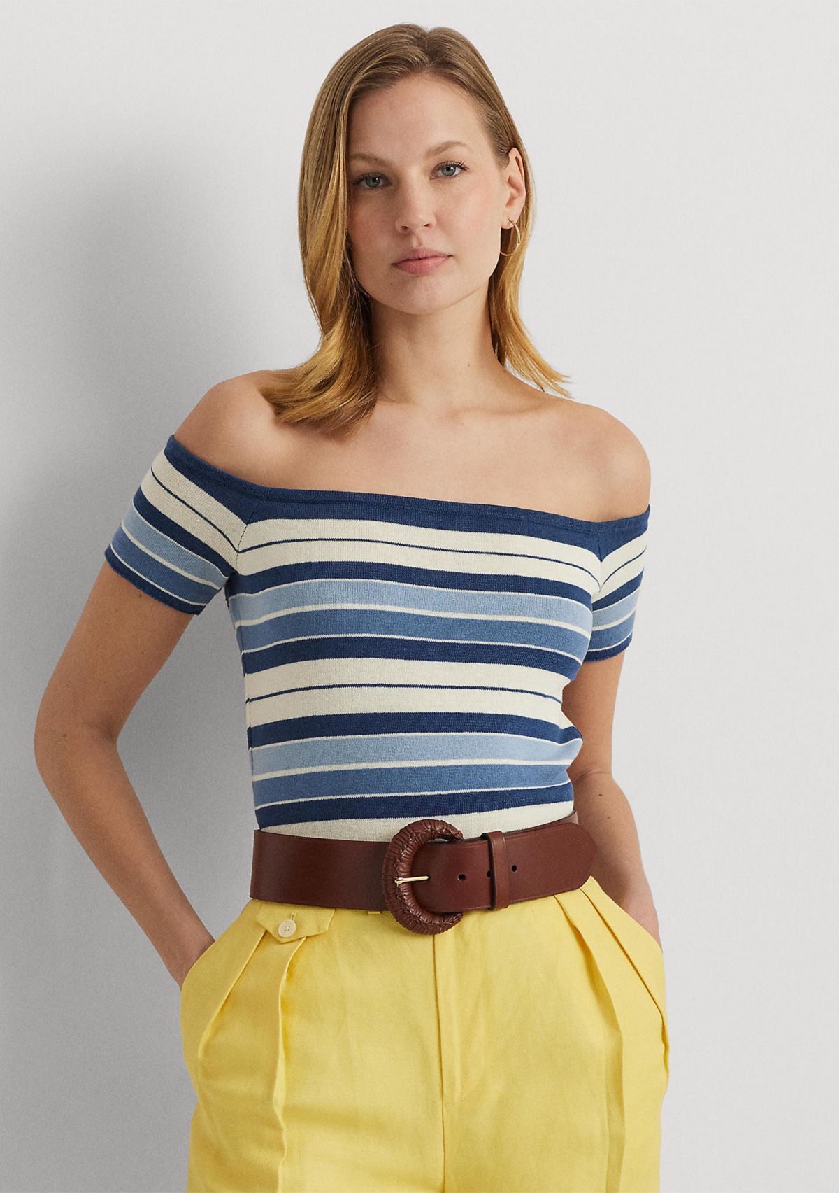 Petite Striped Off the Shoulder Sweater