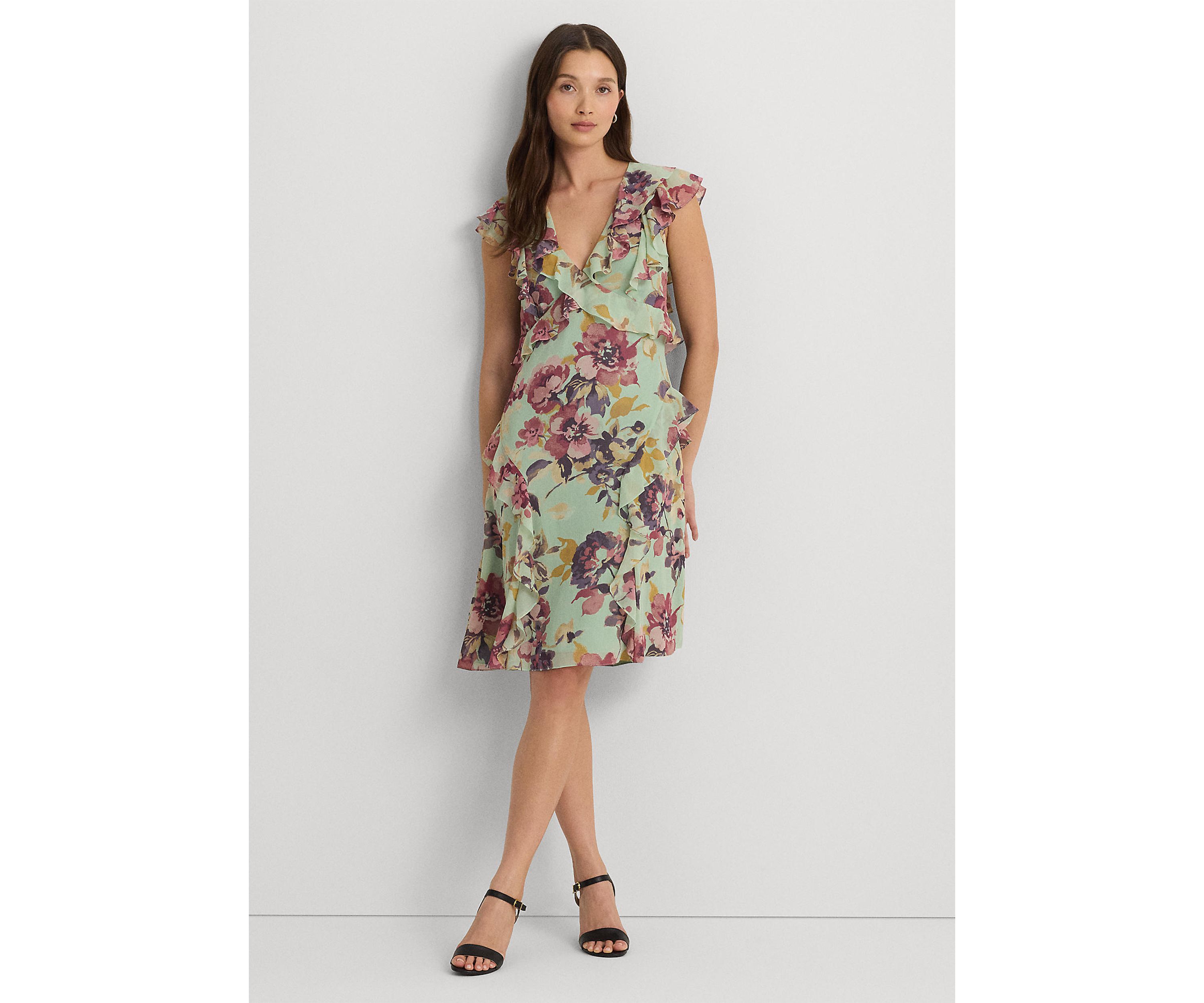 Petite Floral Ruffle Trim Georgette Dress