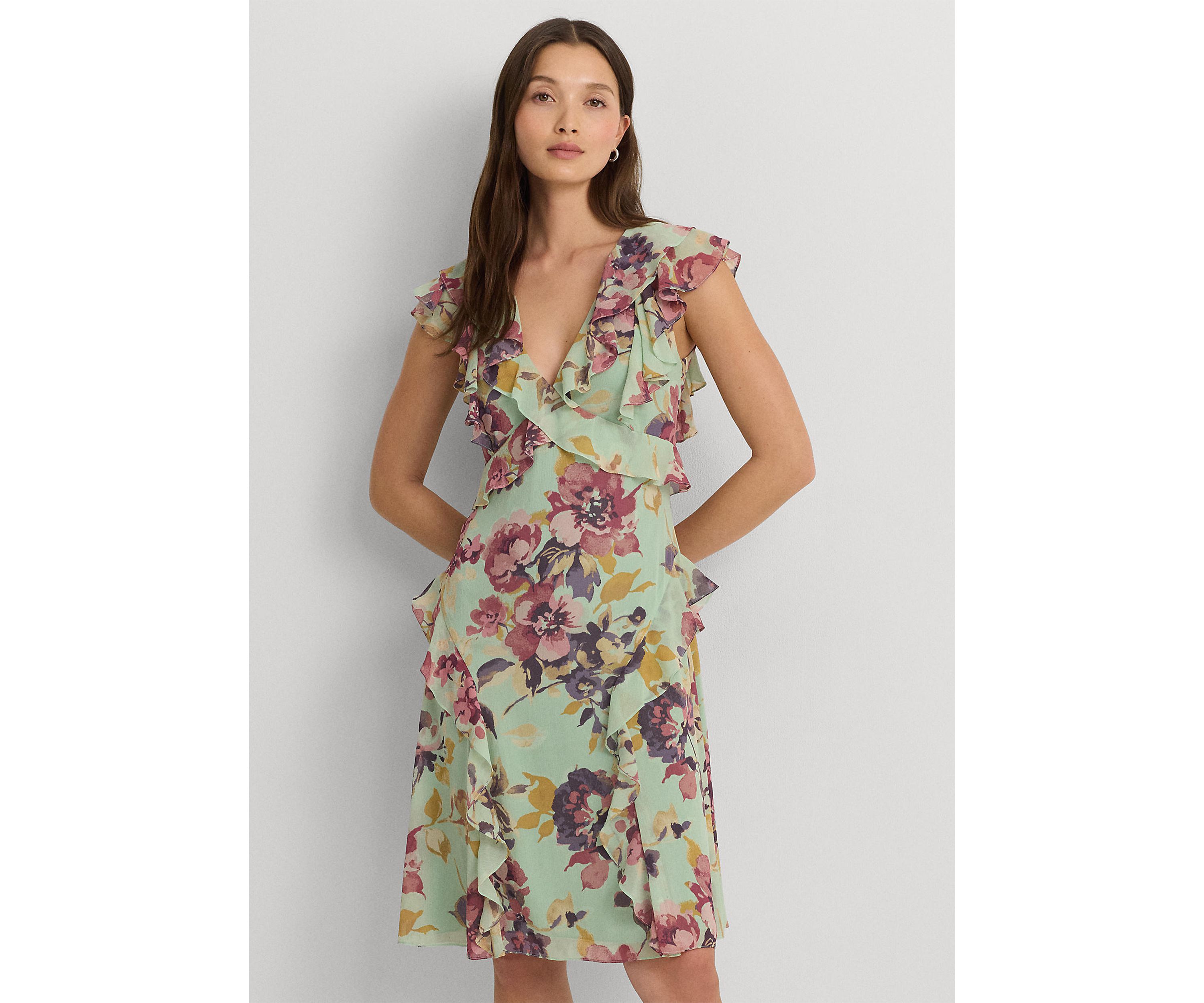 Petite Floral Ruffle Trim Georgette Dress