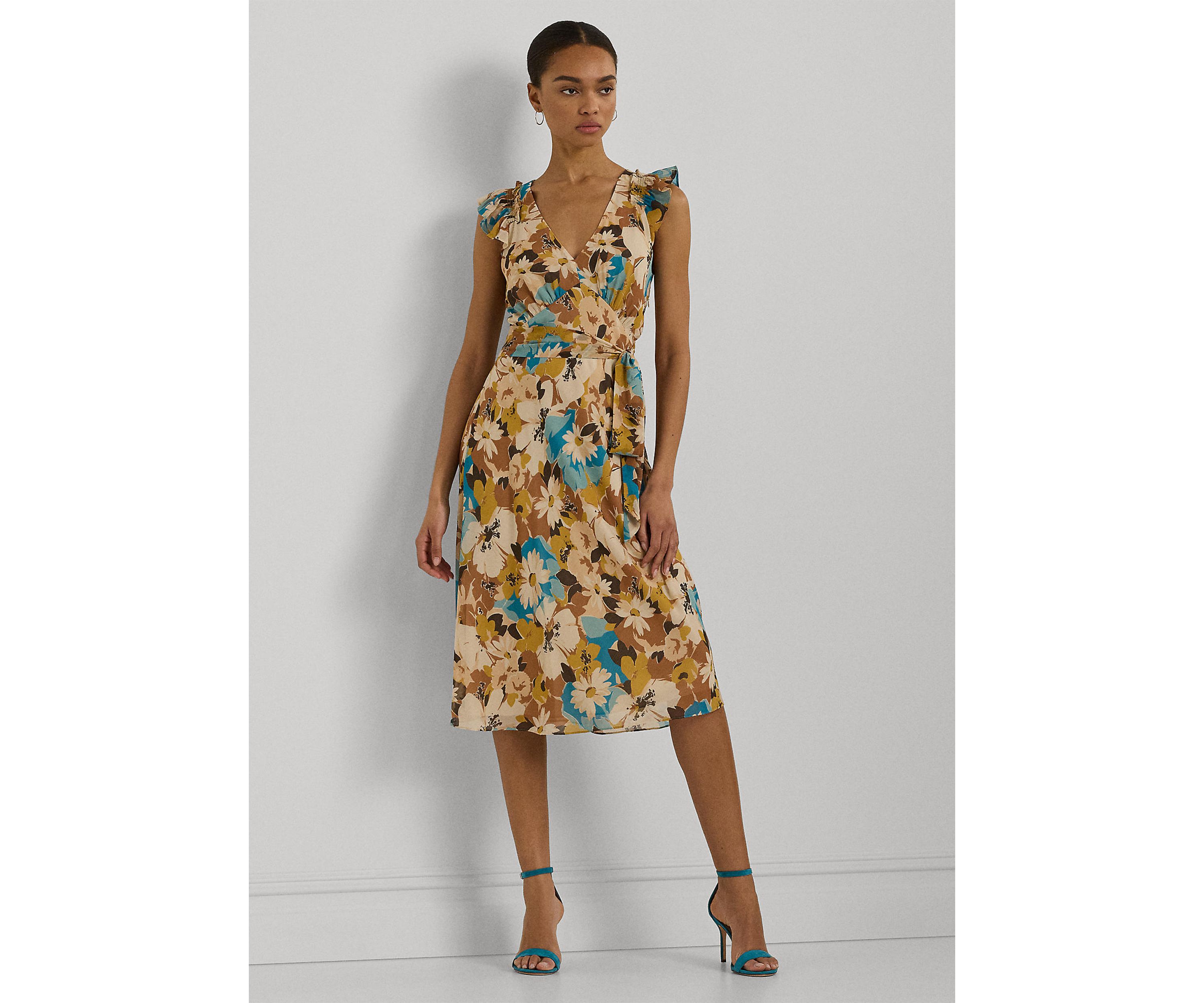 Petite Floral Belted Crinkle Georgette Dress
