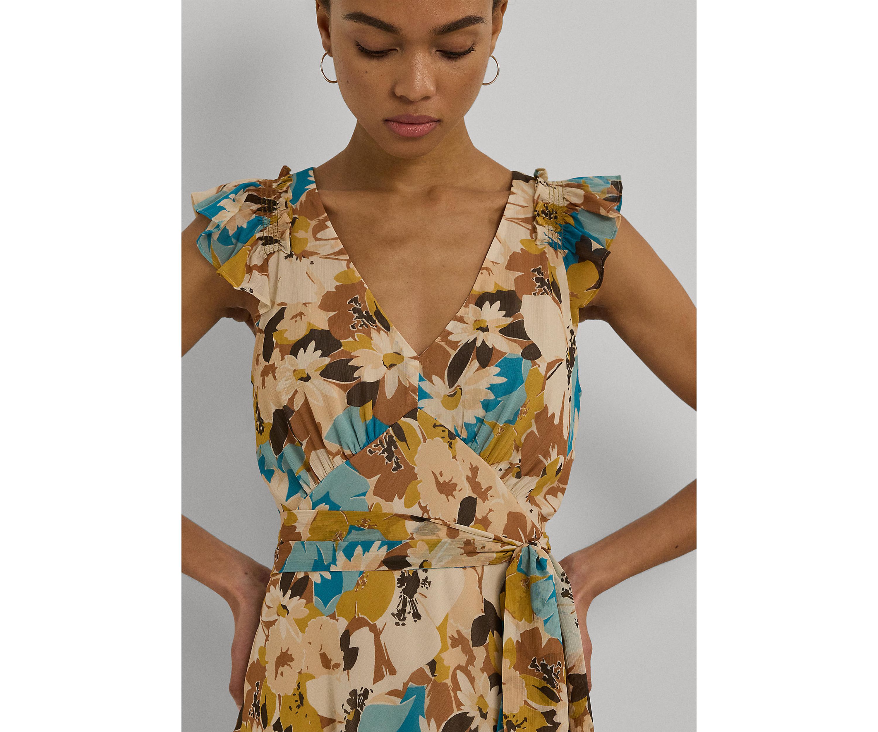 Petite Floral Belted Crinkle Georgette Dress
