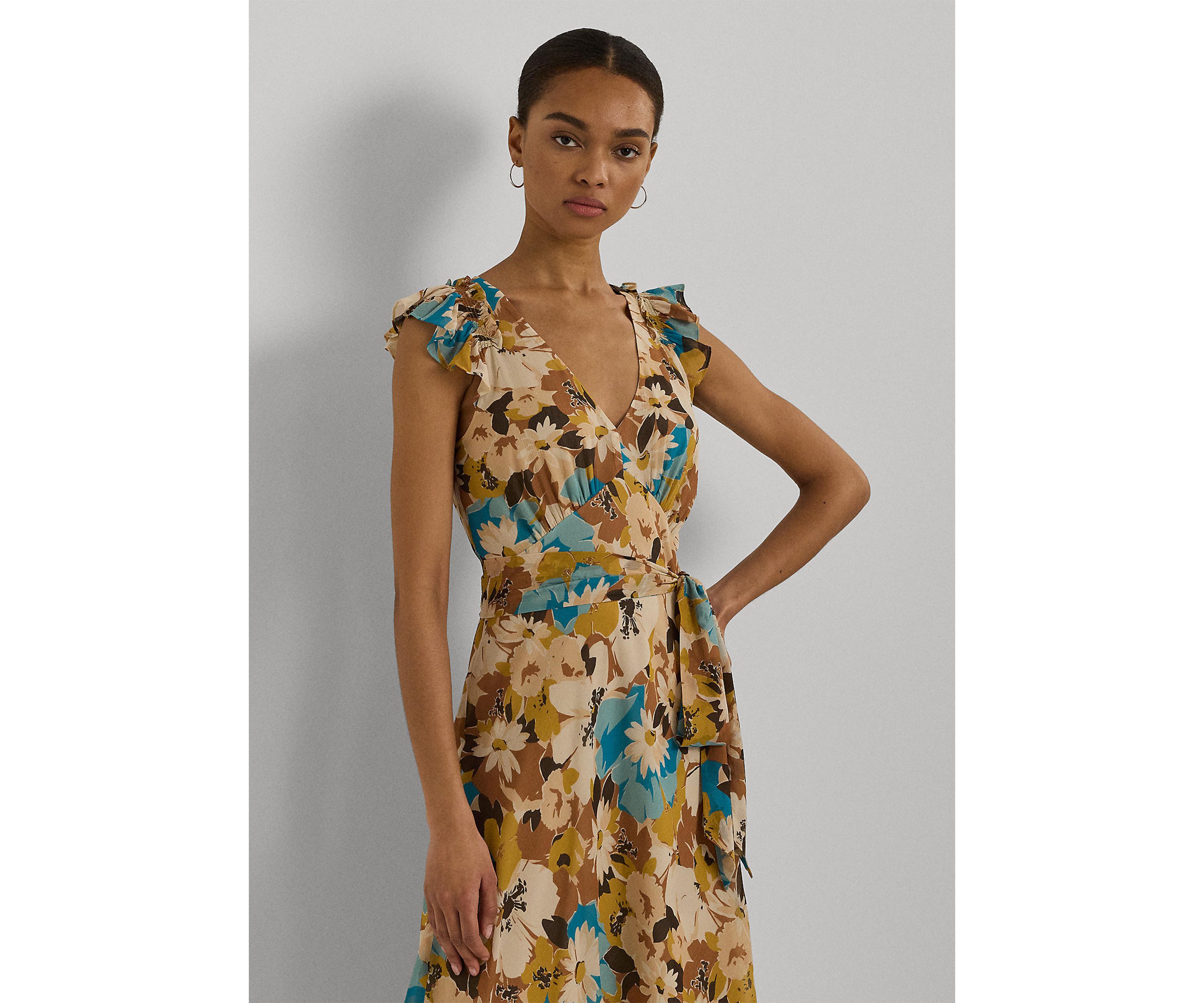 Petite Floral Belted Crinkle Georgette Dress