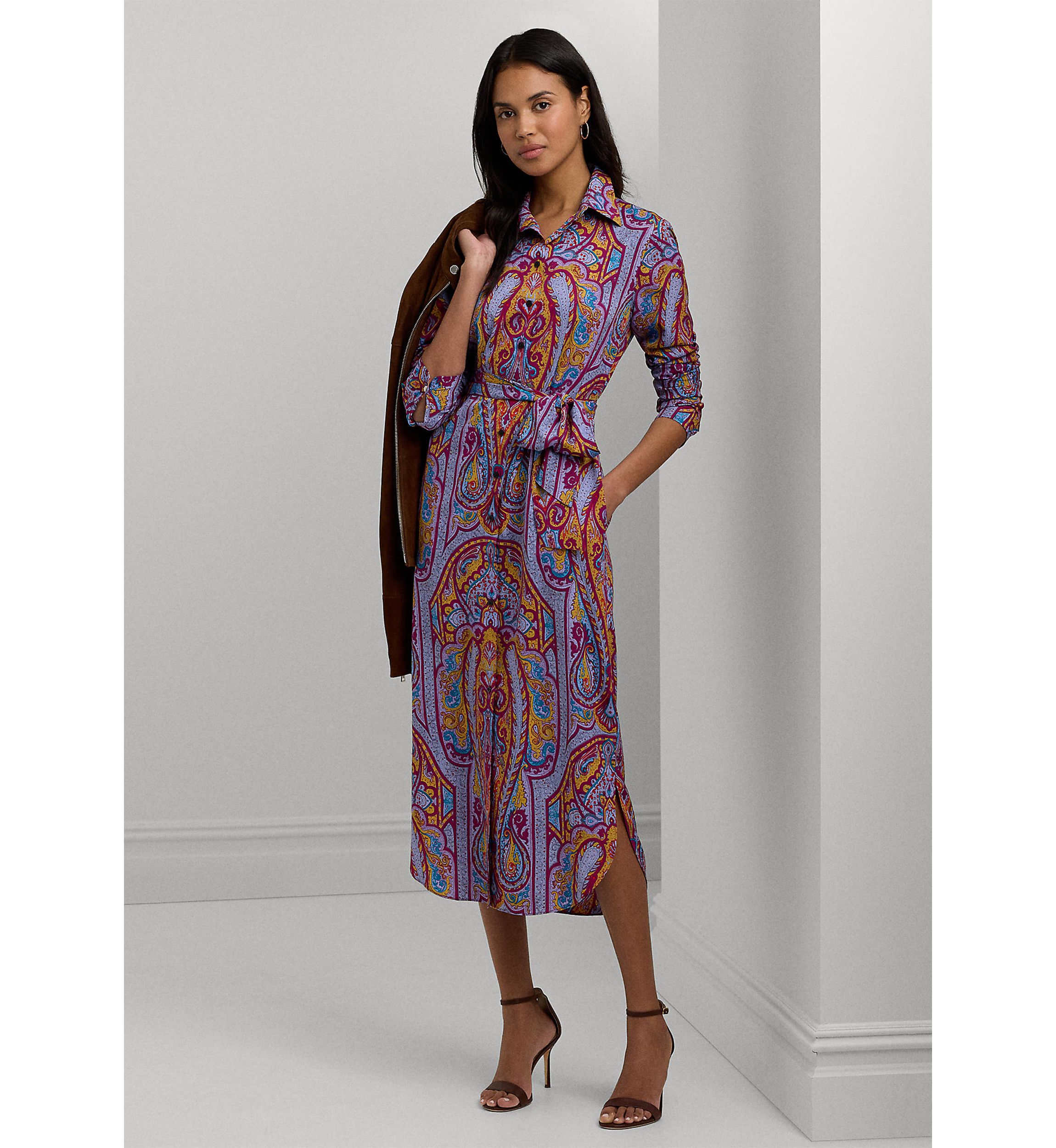 Petite Paisley Belted Crepe Shirtdress