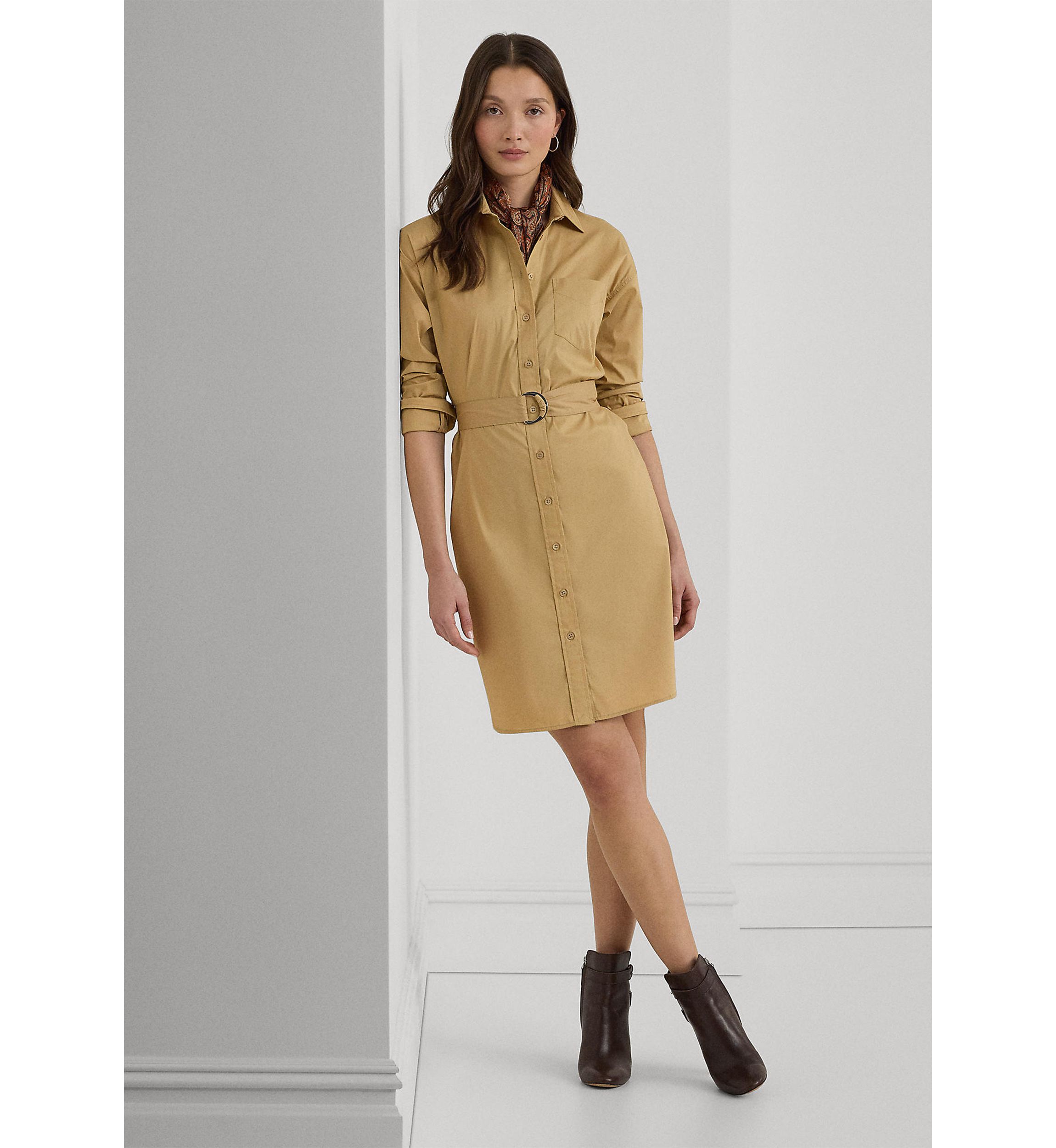 Petite Belted Stretch Cotton Blend Shirtdress