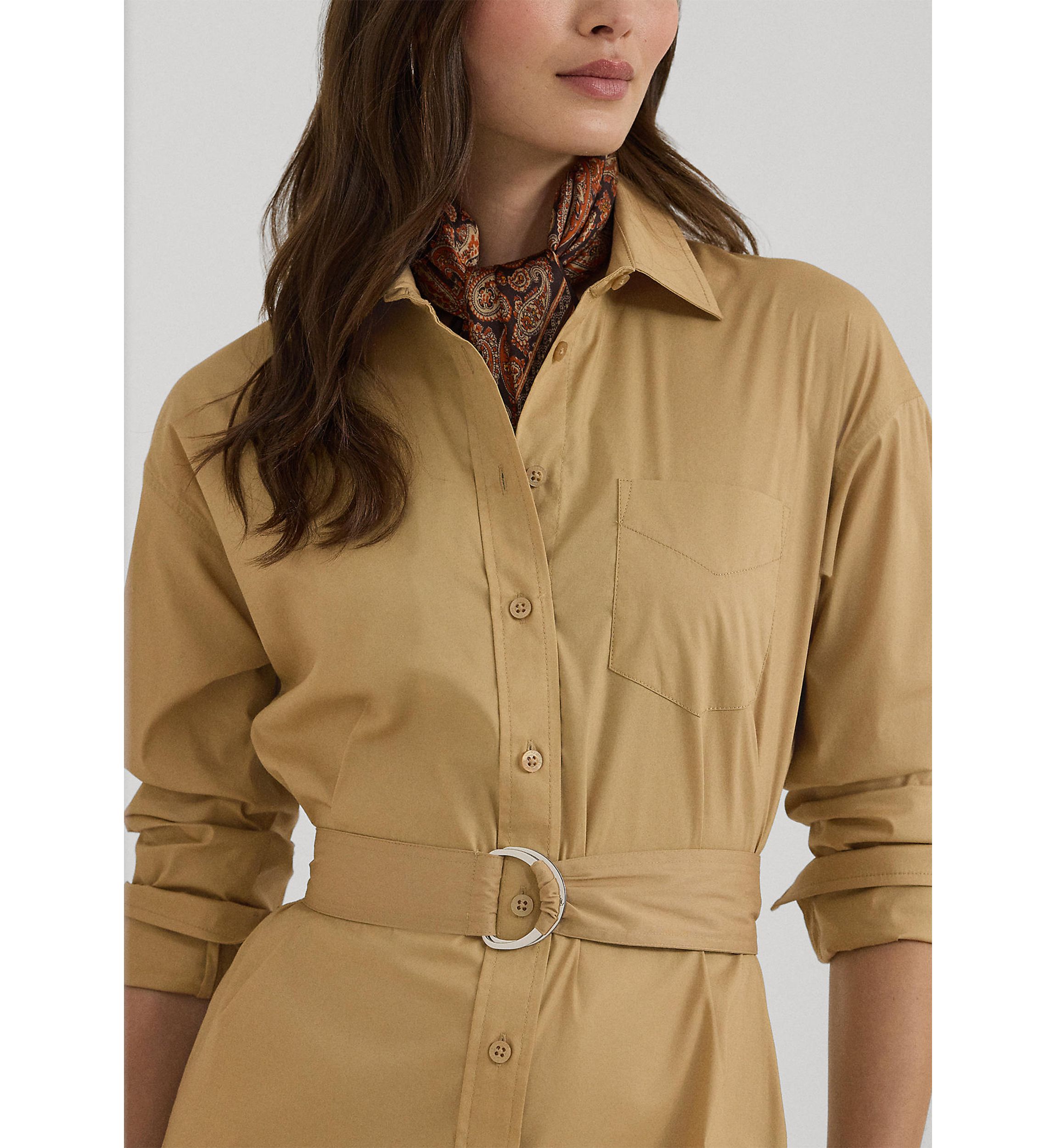 Petite Belted Stretch Cotton Blend Shirtdress