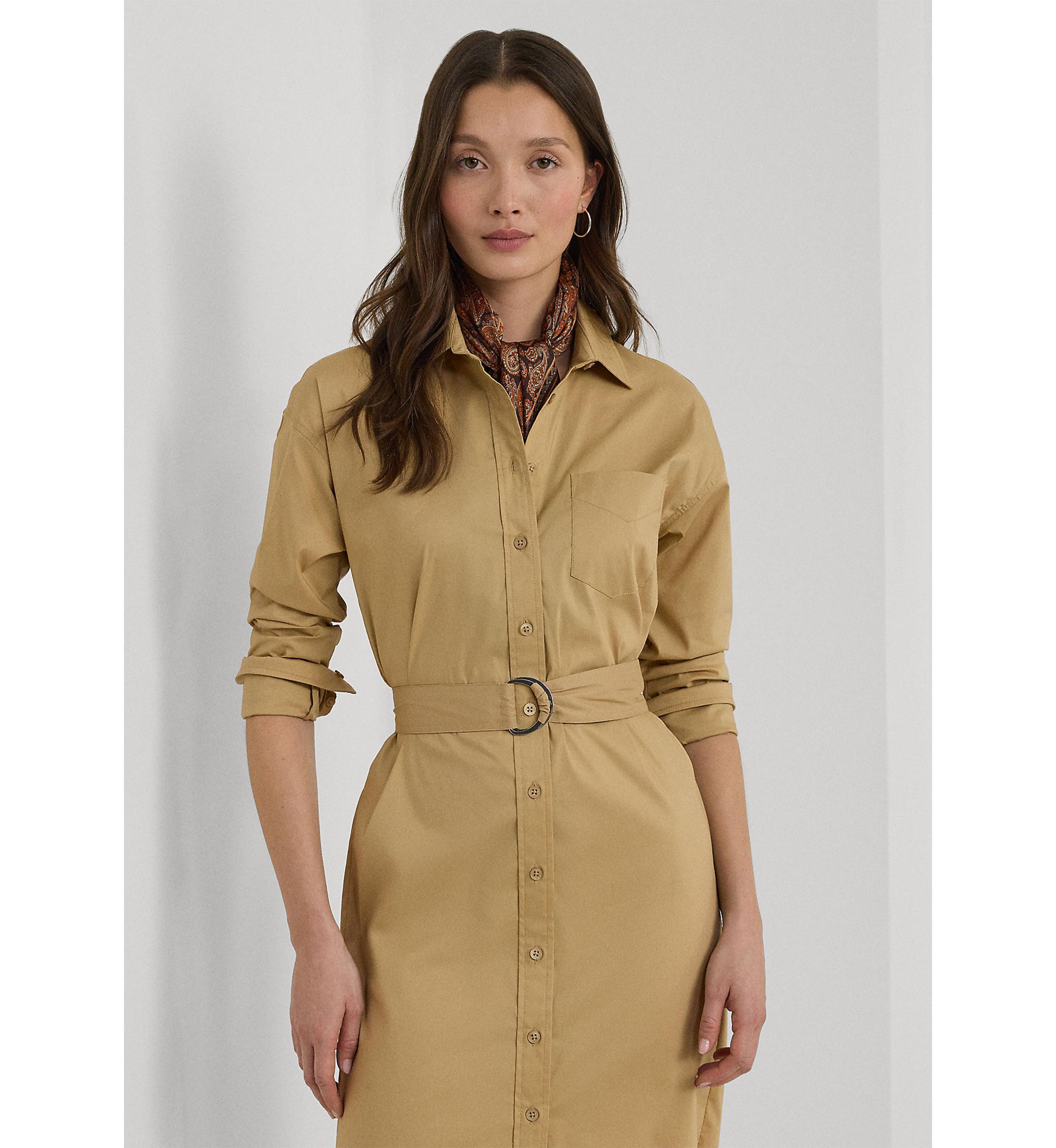 Petite Belted Stretch Cotton Blend Shirtdress