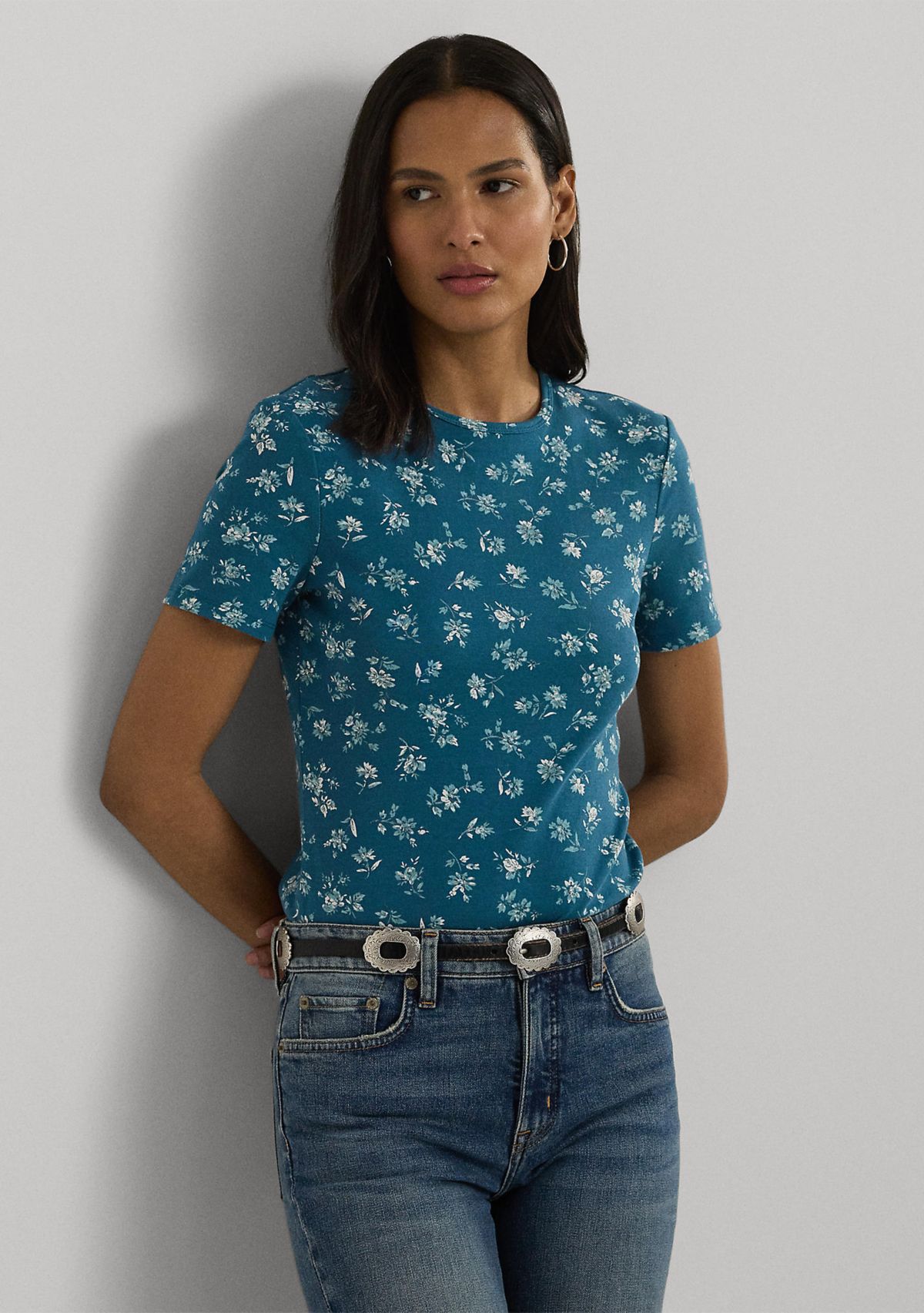 Petite Floral Stretch Cotton Crew Neck T-Shirt