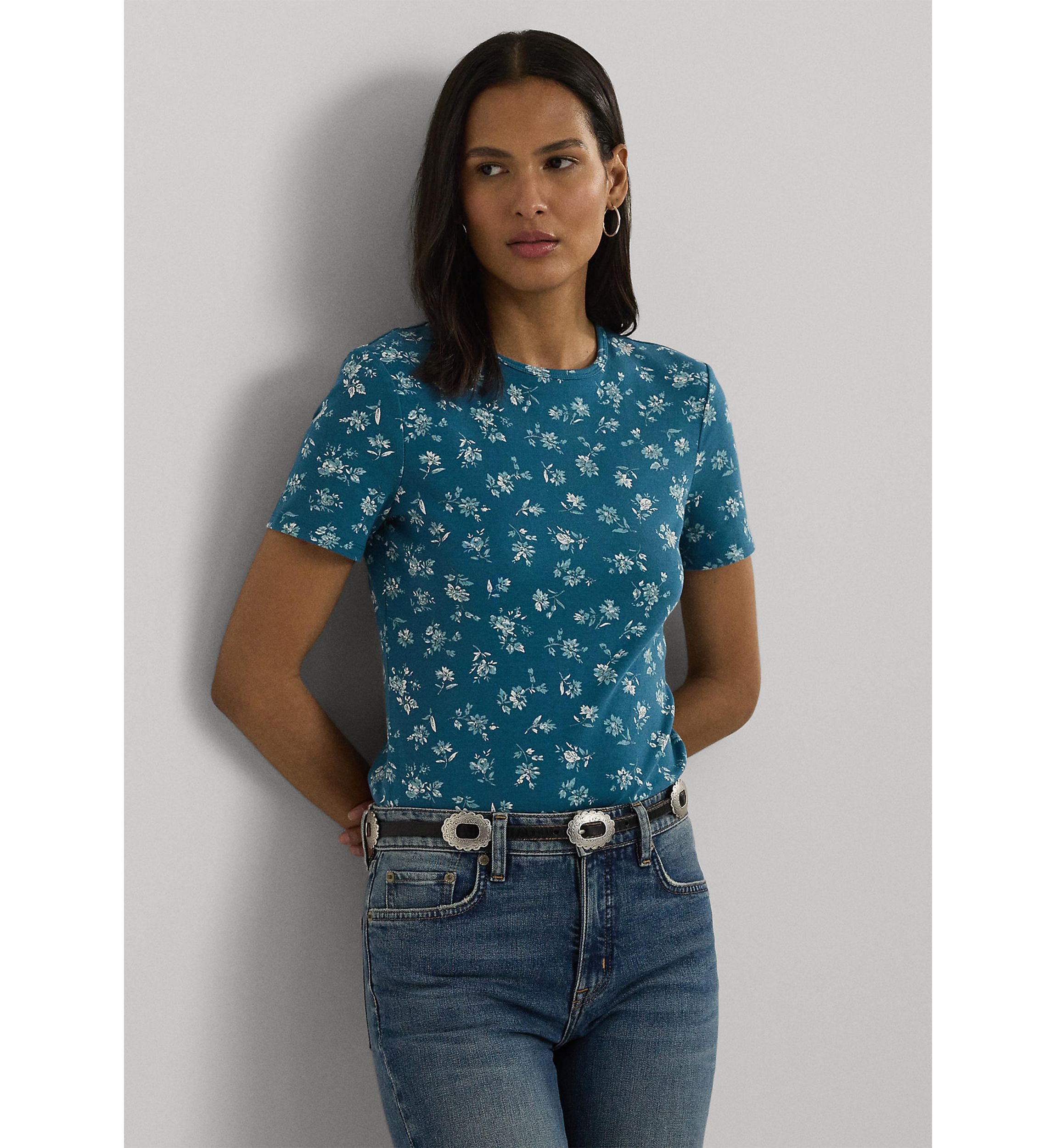 Petite Floral Stretch Cotton Crew Neck T-Shirt