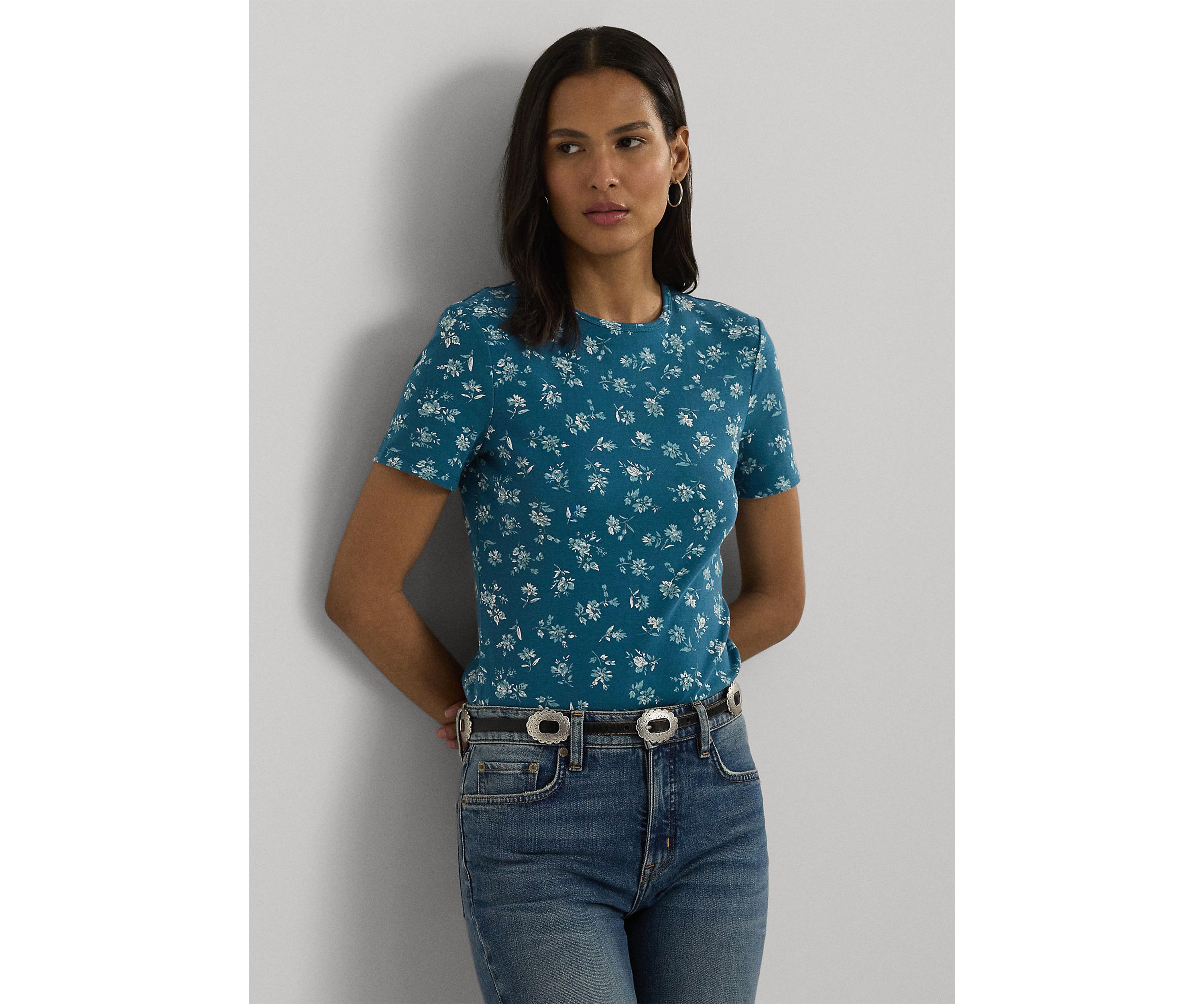 Petite Floral Stretch Cotton Crew Neck T-Shirt