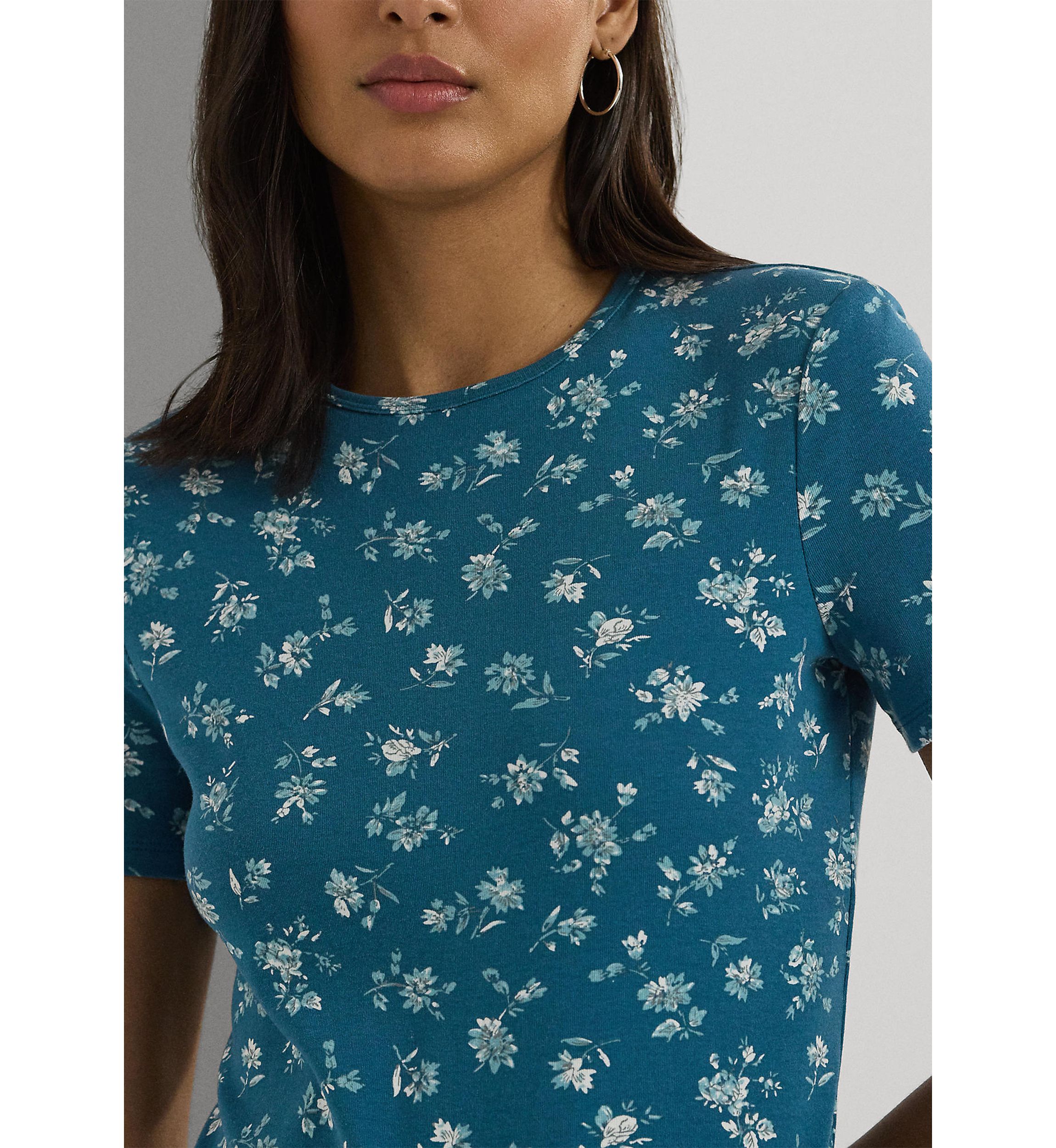 Petite Floral Stretch Cotton Crew Neck T-Shirt