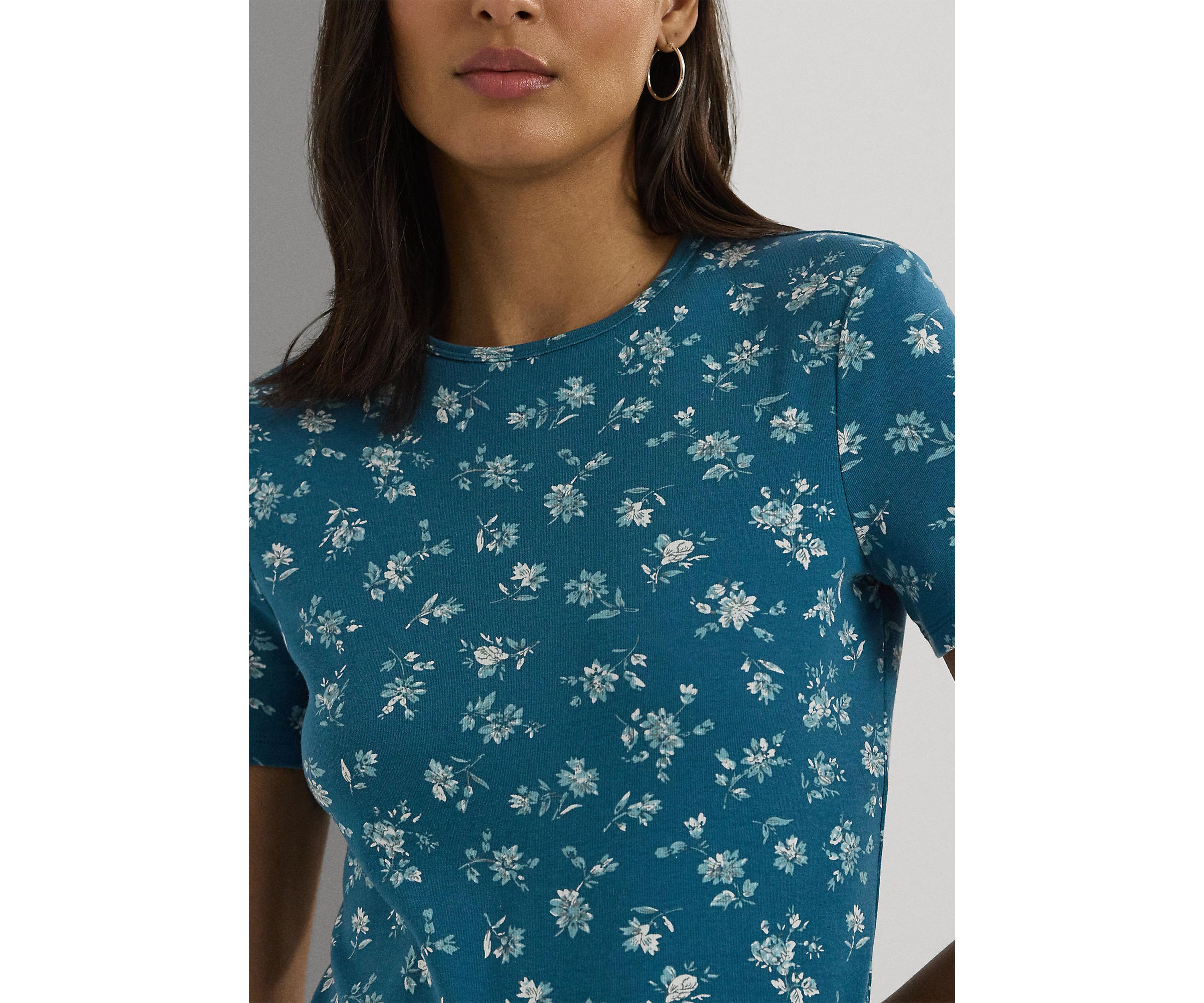 Petite Floral Stretch Cotton Crew Neck T-Shirt