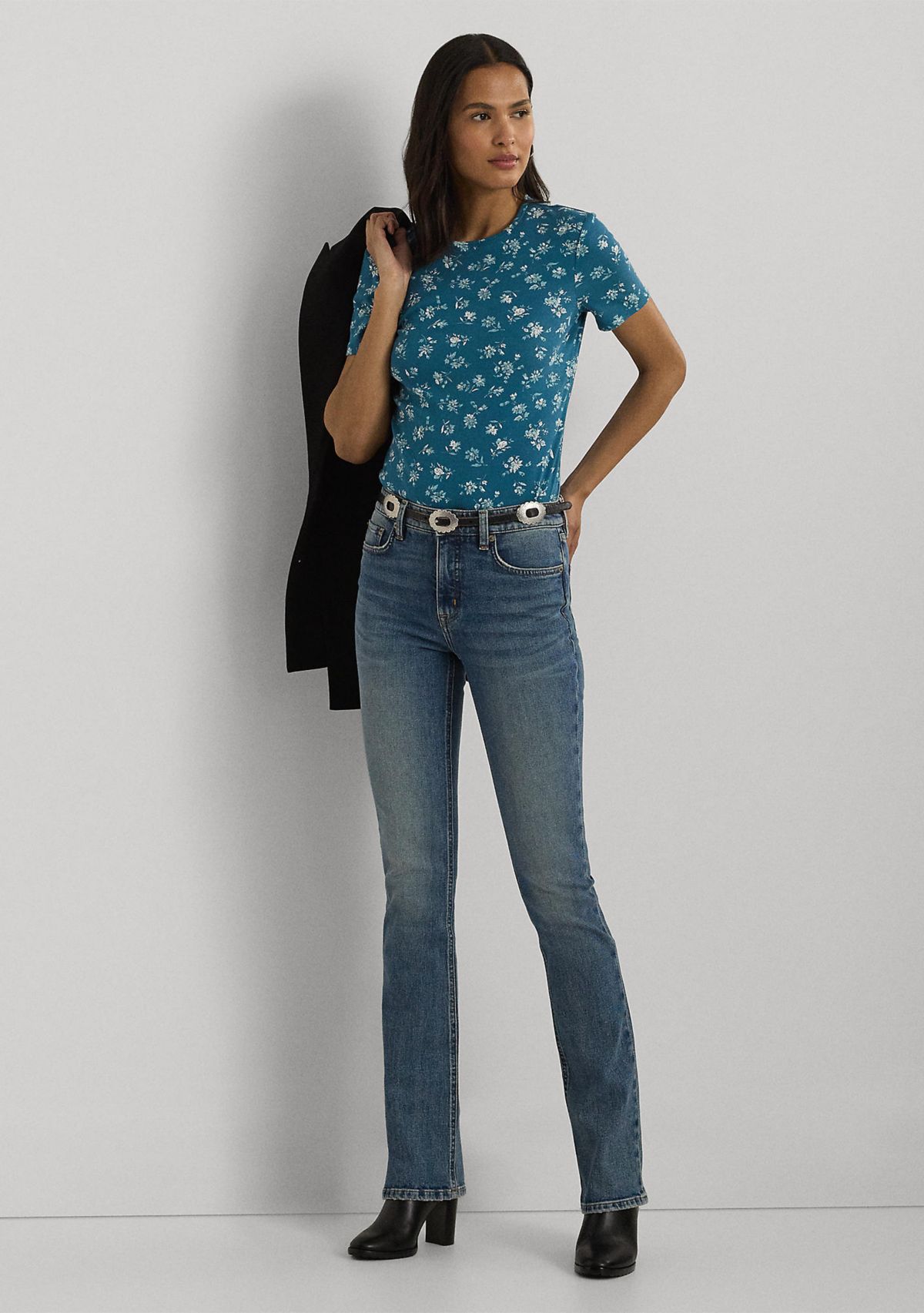 Petite Floral Stretch Cotton Crew Neck T-Shirt