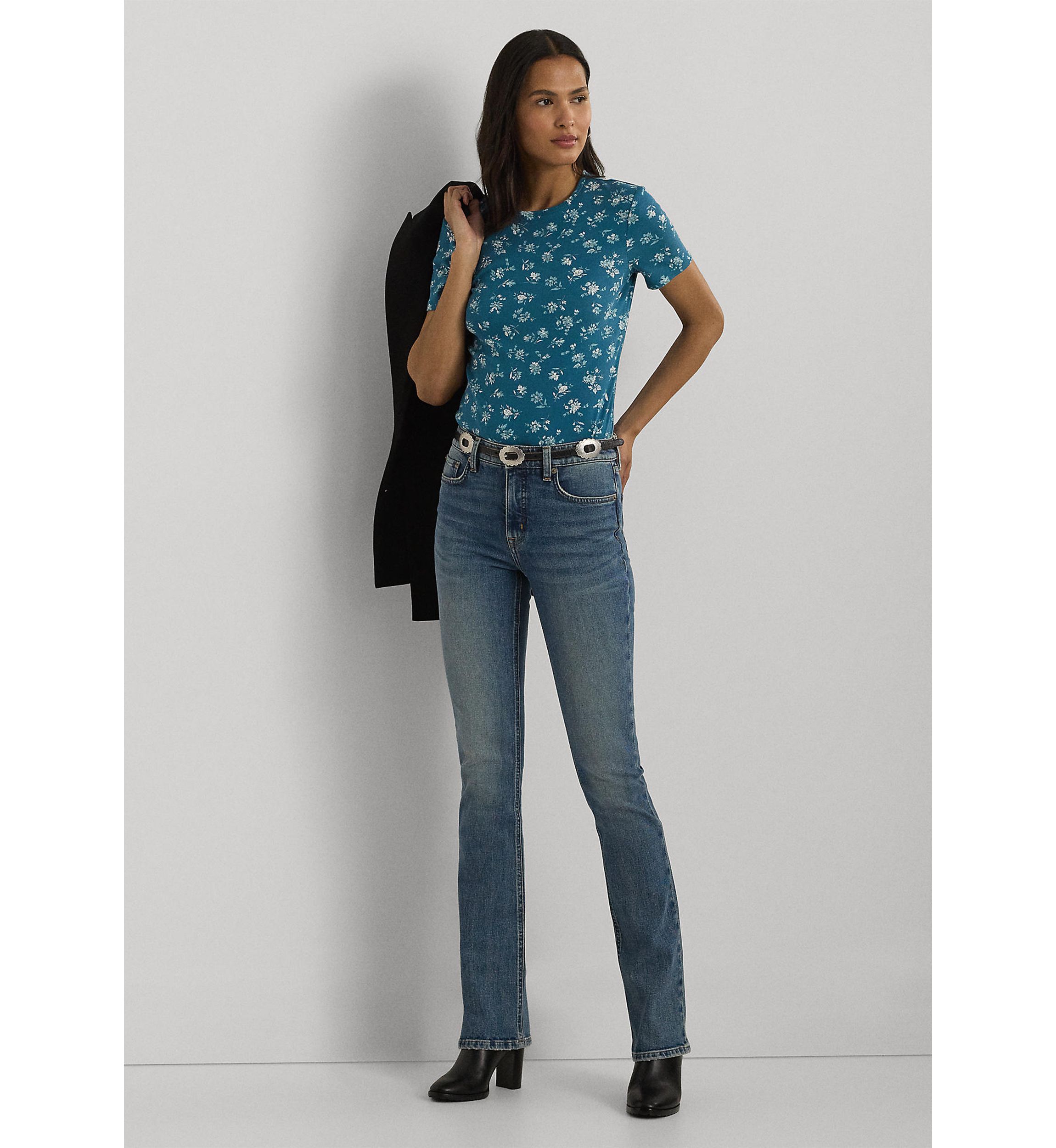 Petite Floral Stretch Cotton Crew Neck T-Shirt