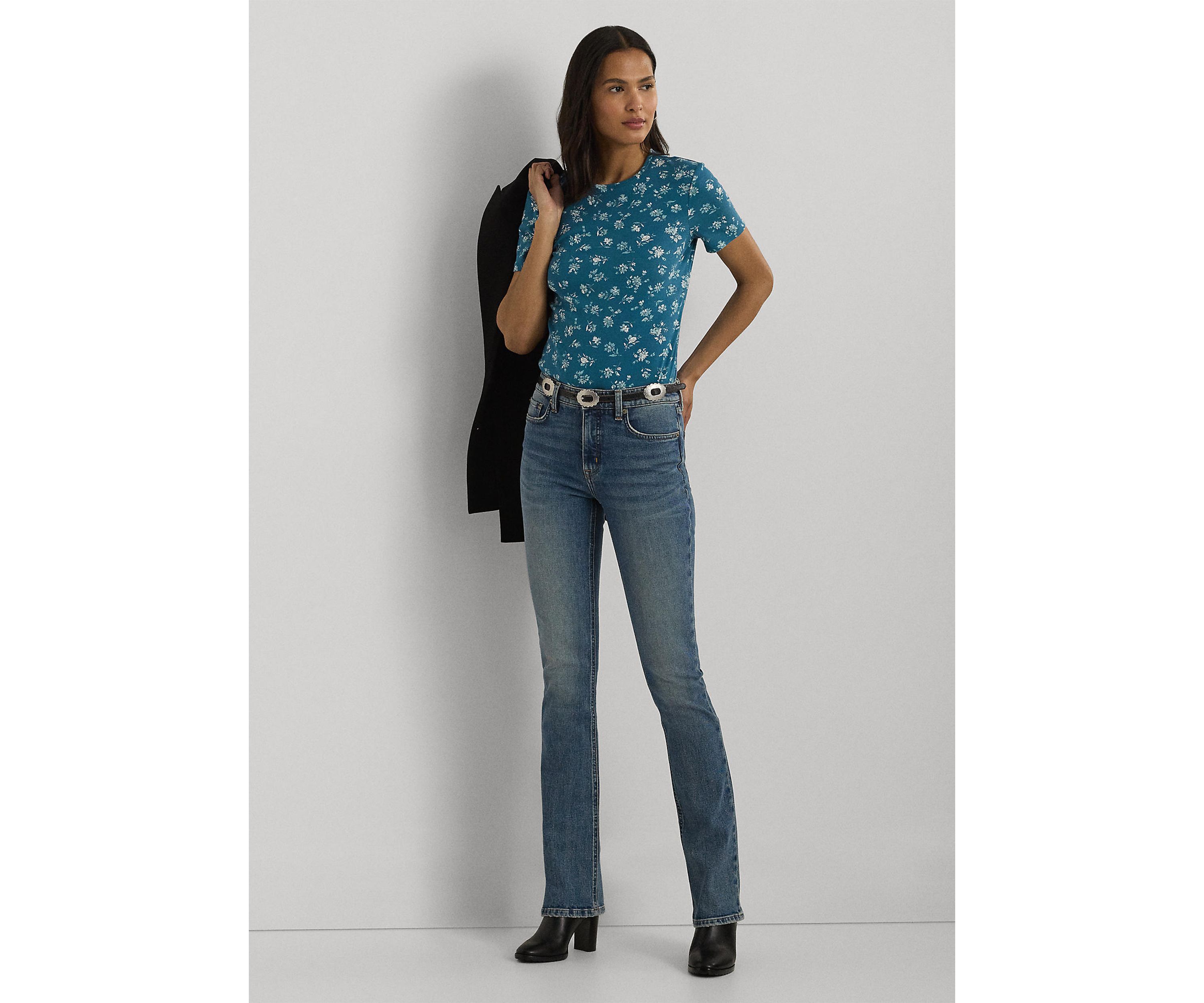 Petite Floral Stretch Cotton Crew Neck T-Shirt