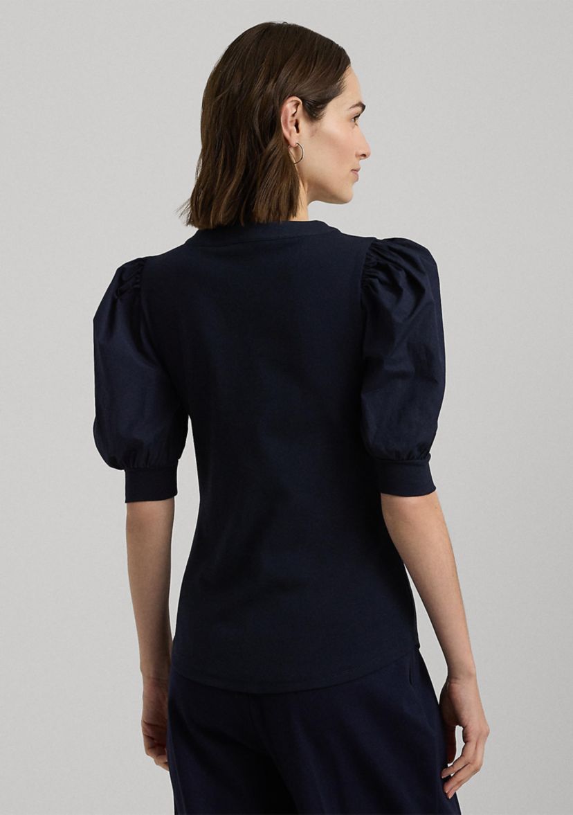 Petite Lace Up Stretch Cotton Puff Sleeve Top