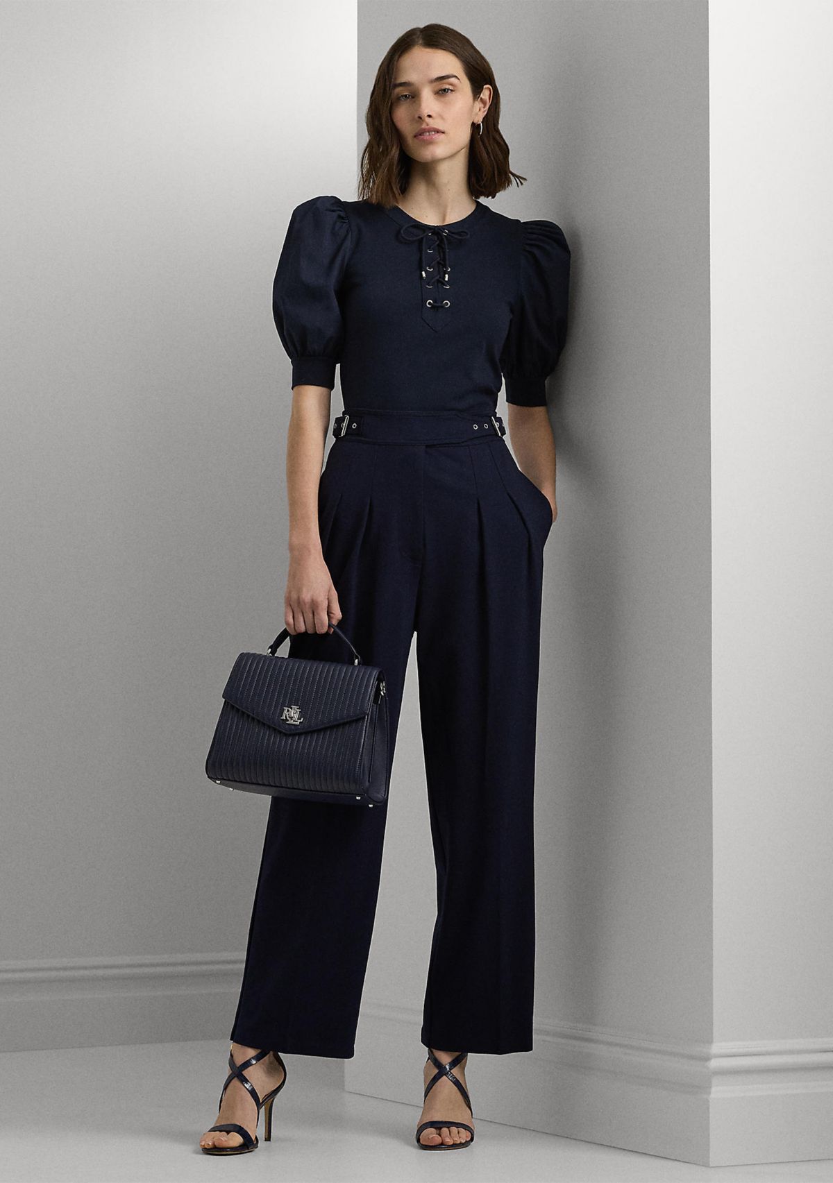 Petite Lace Up Stretch Cotton Puff Sleeve Top