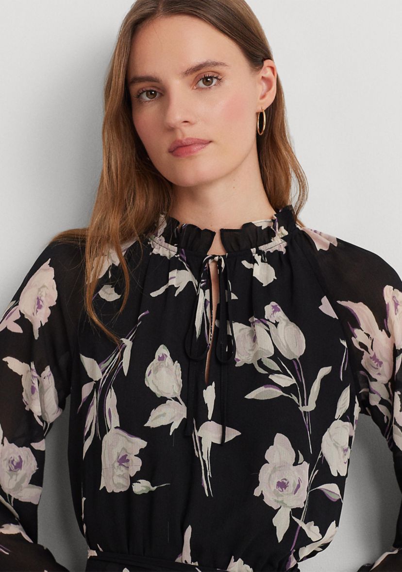 Petite Floral Belted Crinkle Georgette Dress