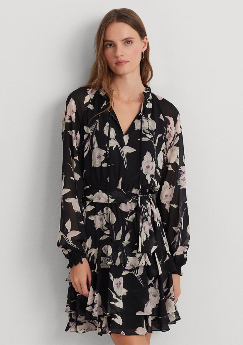 Petite Floral Belted Crinkle Georgette Dress