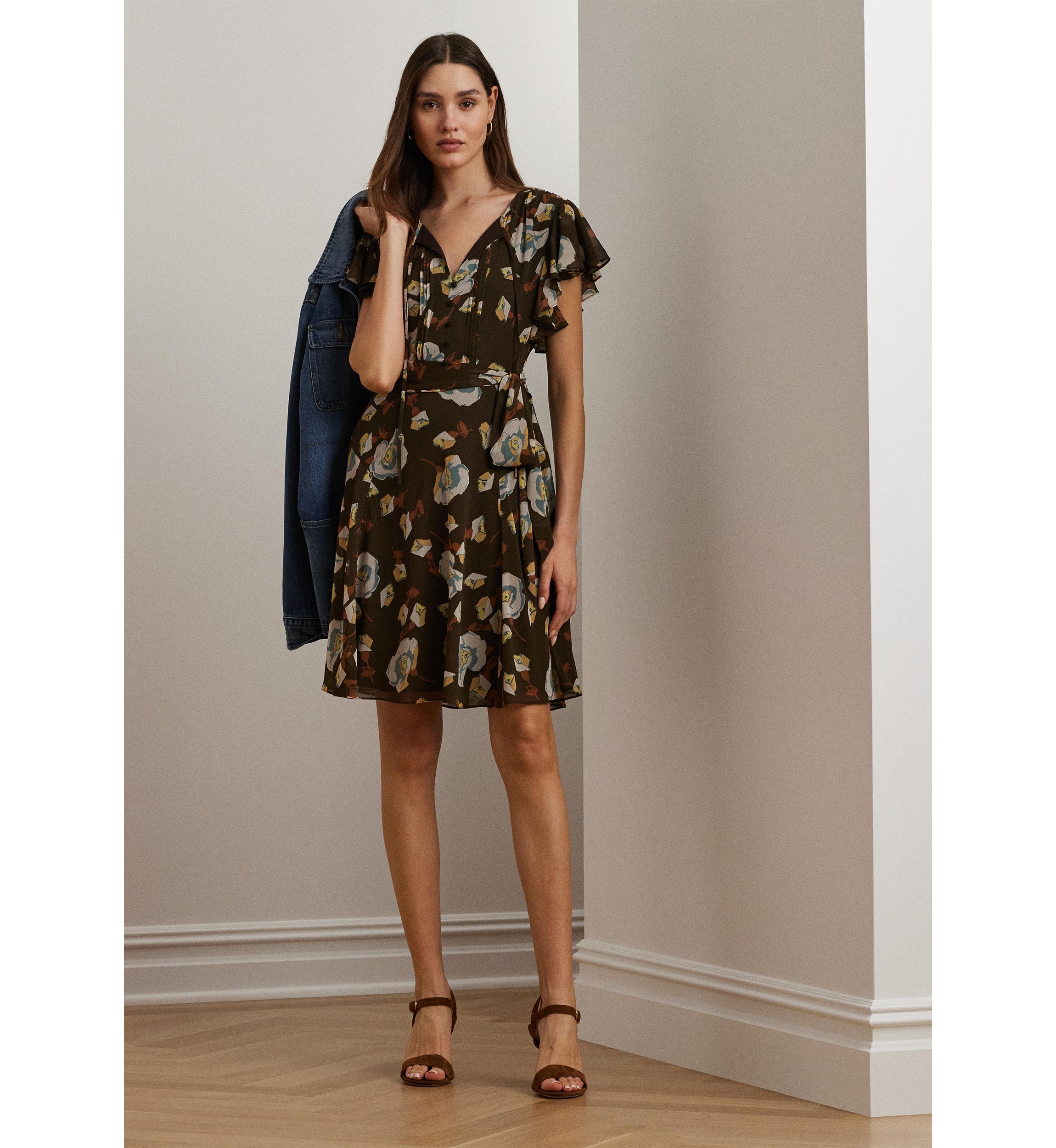 Petite Floral Georgette Flutter-Sleeve Dress