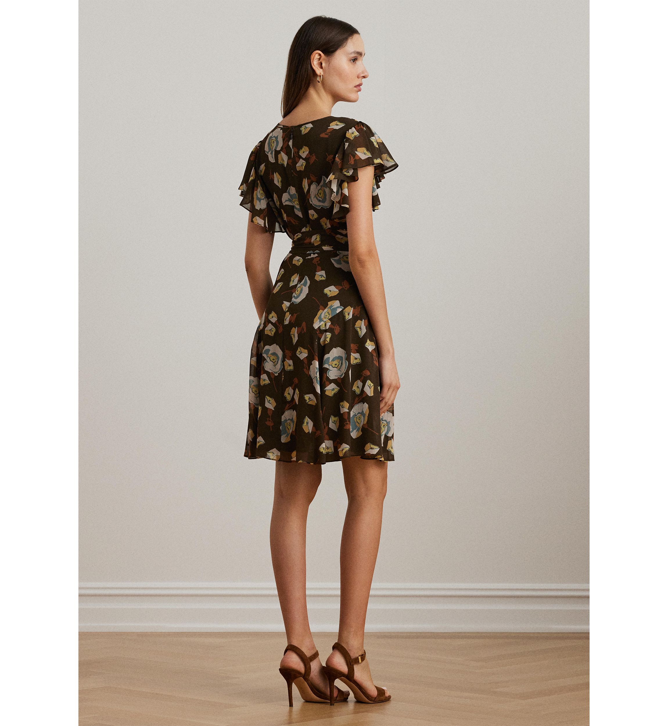 Petite Floral Georgette Flutter-Sleeve Dress