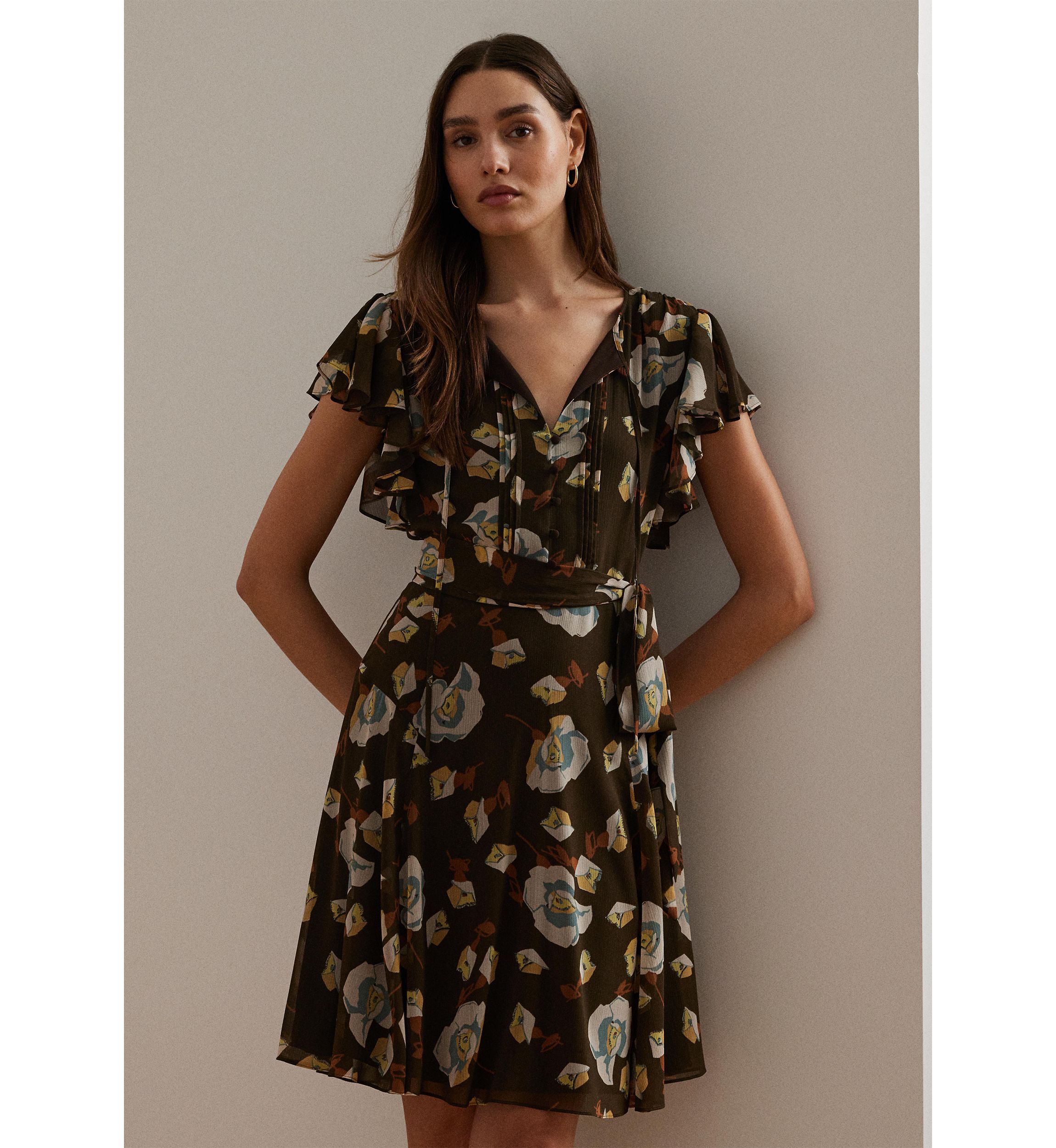 Petite Floral Georgette Flutter-Sleeve Dress