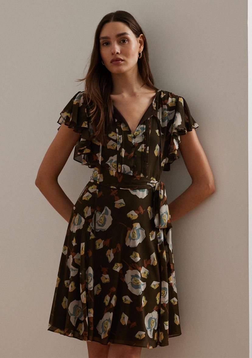 Petite Floral Georgette Flutter-Sleeve Dress