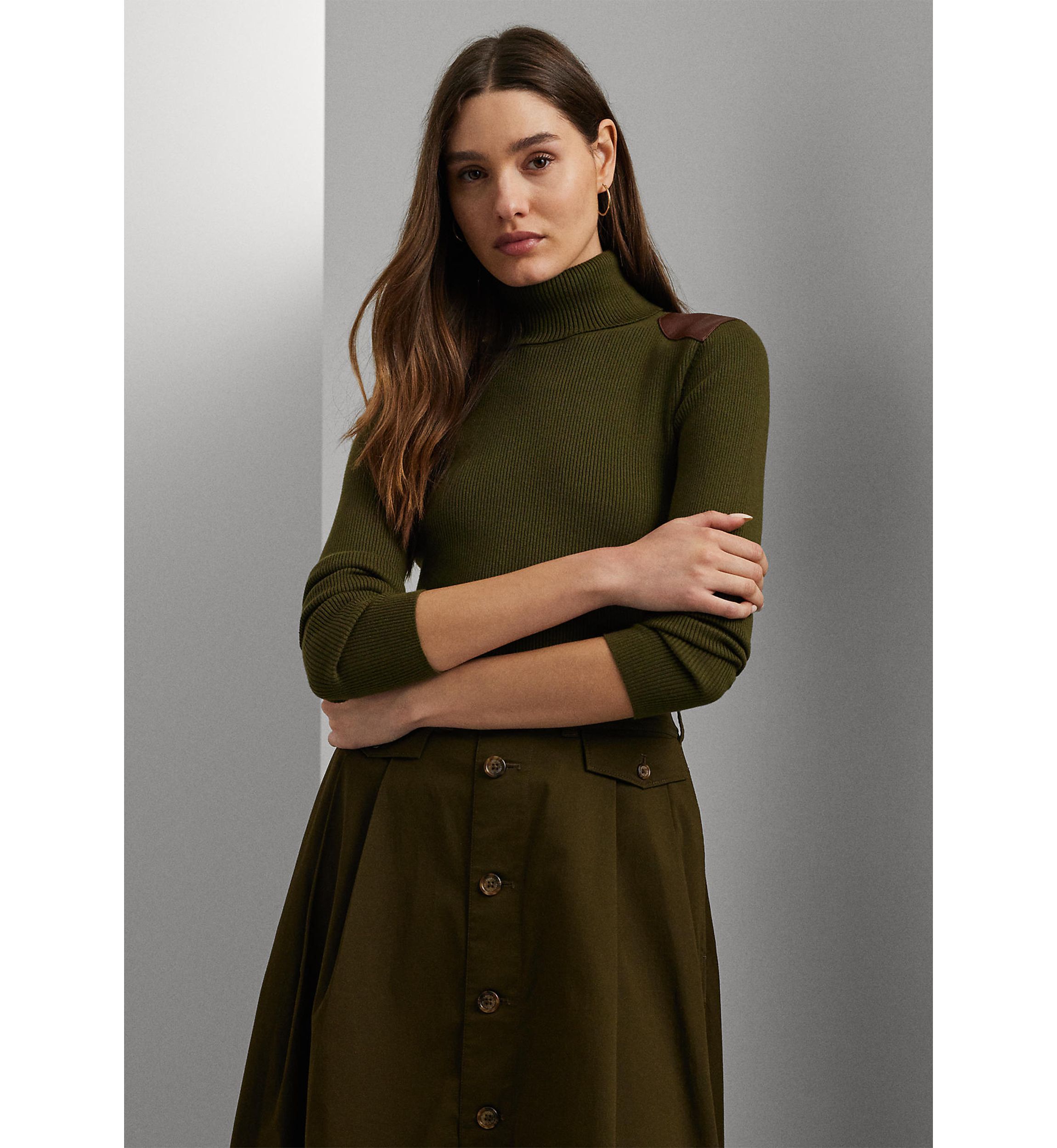 Petite Faux-Leather-Trim Ribbed Turtleneck