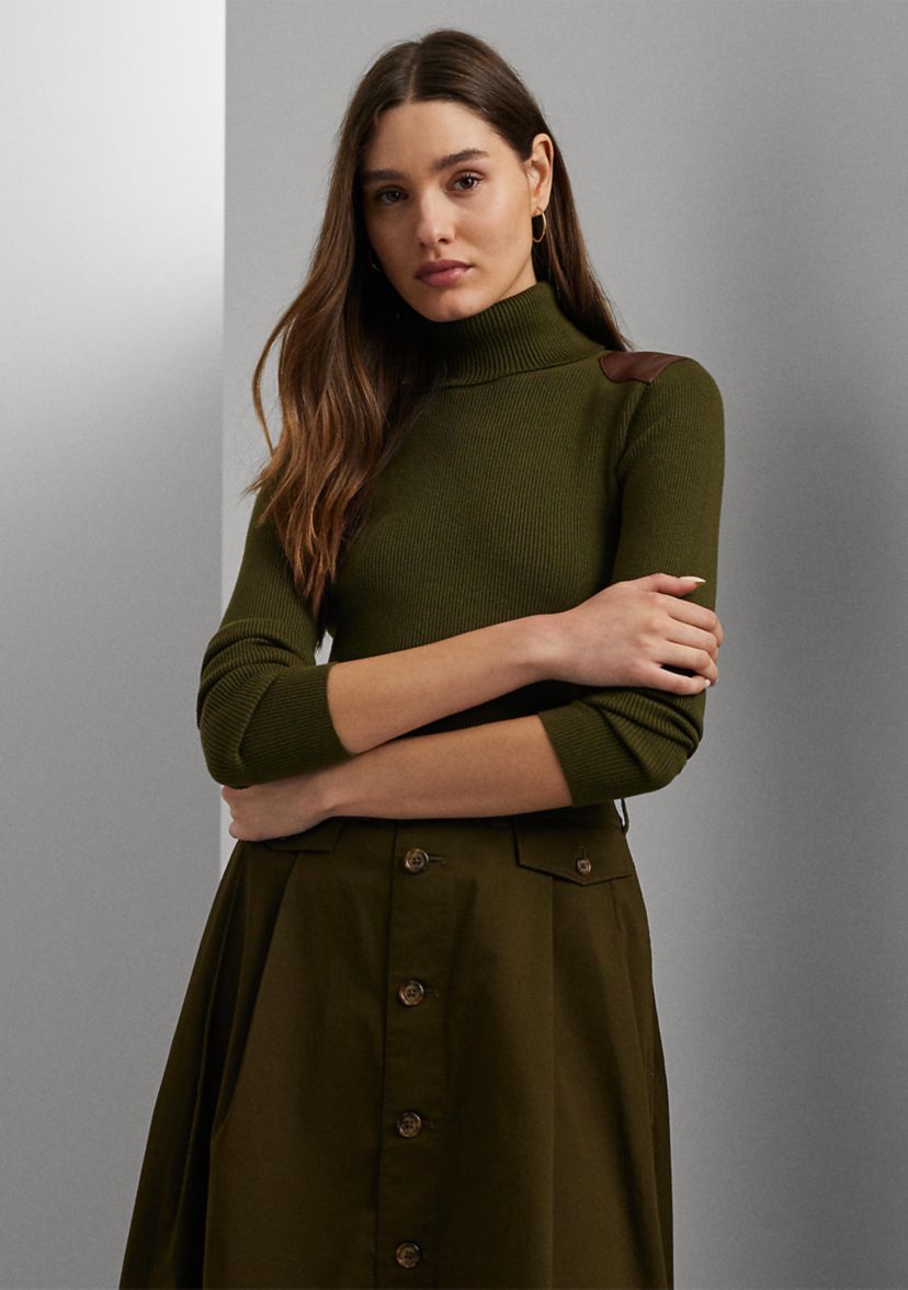 Petite Faux-Leather-Trim Ribbed Turtleneck
