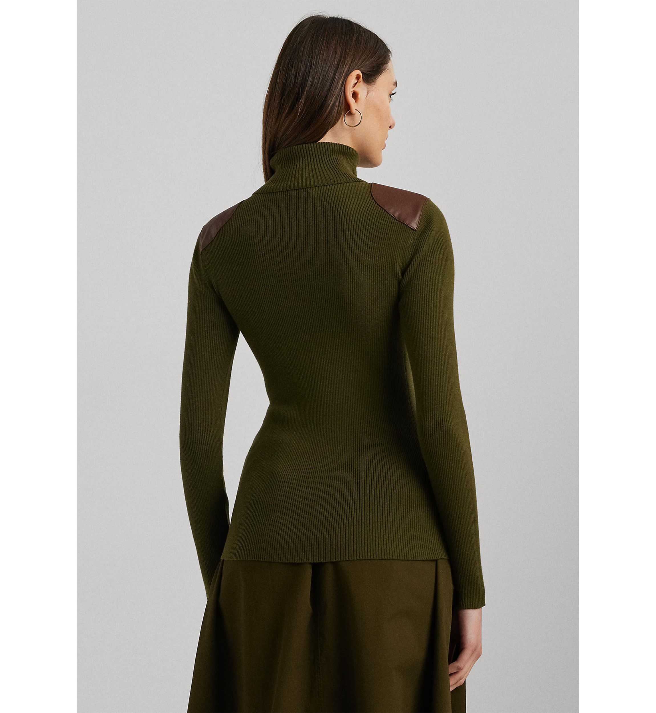 Petite Faux-Leather-Trim Ribbed Turtleneck