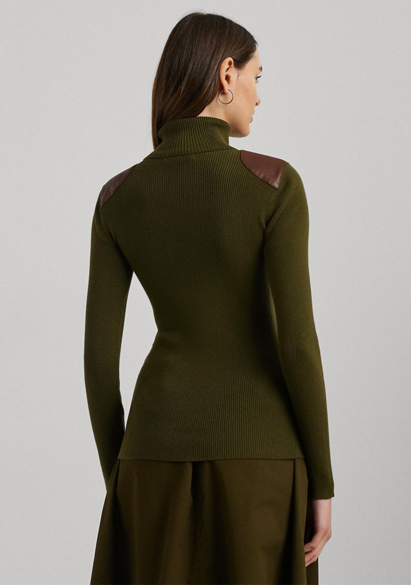 Petite Faux-Leather-Trim Ribbed Turtleneck