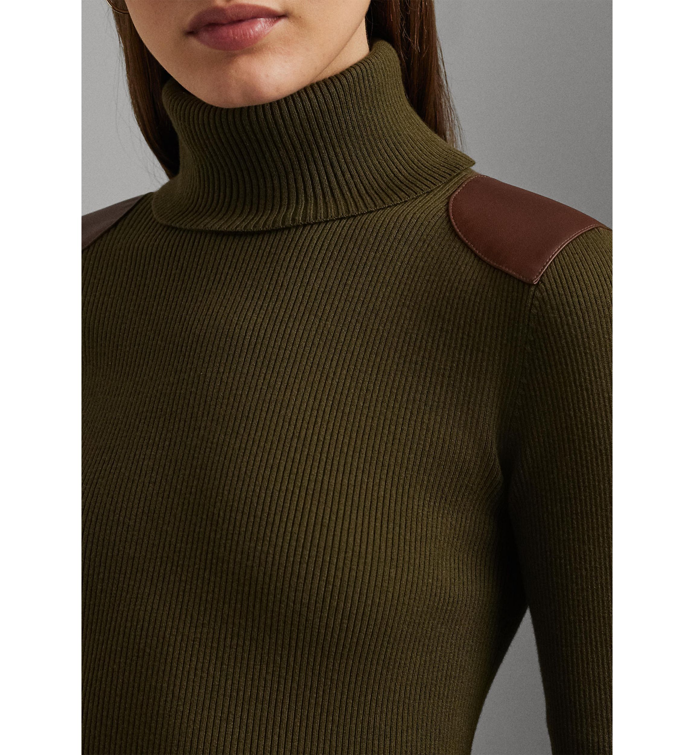 Petite Faux-Leather-Trim Ribbed Turtleneck