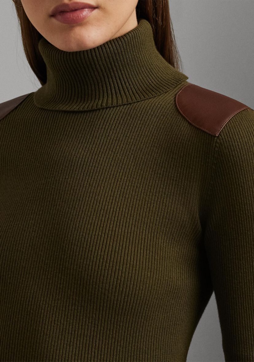 Petite Faux-Leather-Trim Ribbed Turtleneck