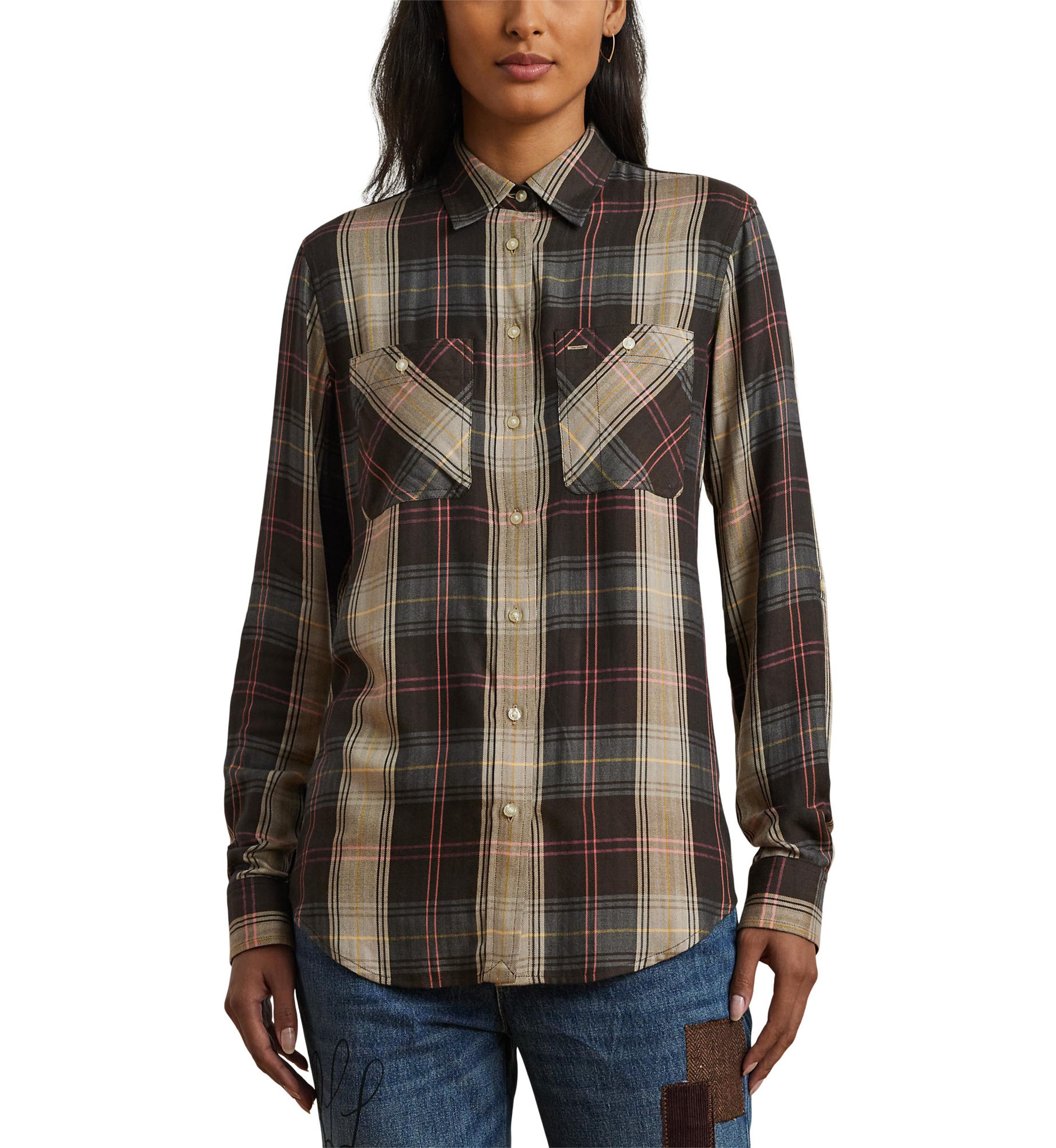 Petite Relaxed Fit Plaid Roll-Tab-Sleeve Shirt