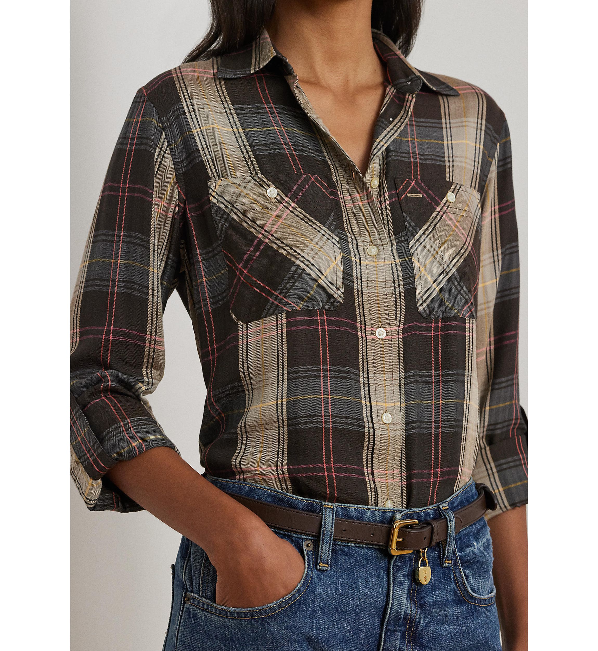 Petite Relaxed Fit Plaid Roll-Tab-Sleeve Shirt