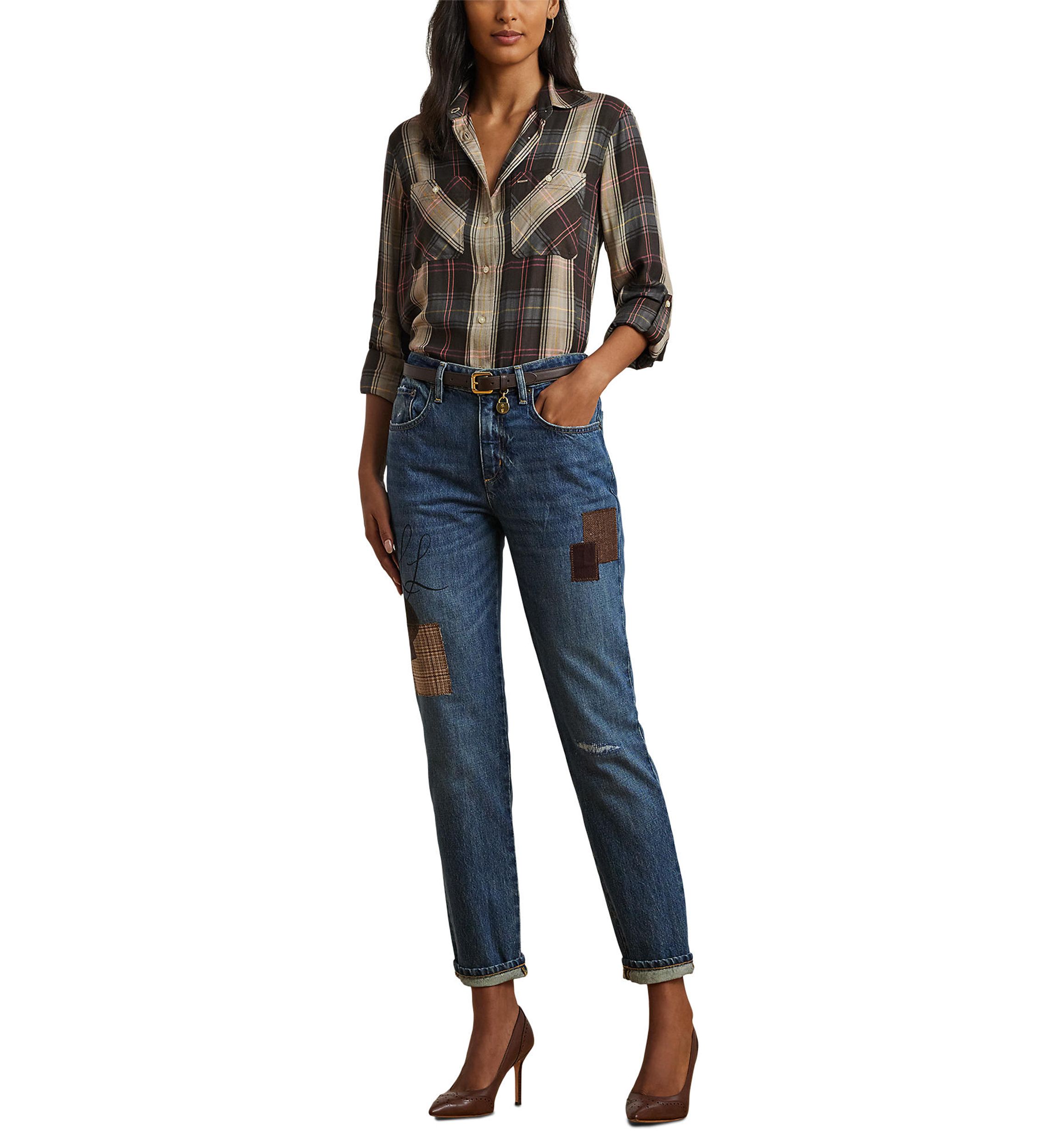 Petite Relaxed Fit Plaid Roll-Tab-Sleeve Shirt
