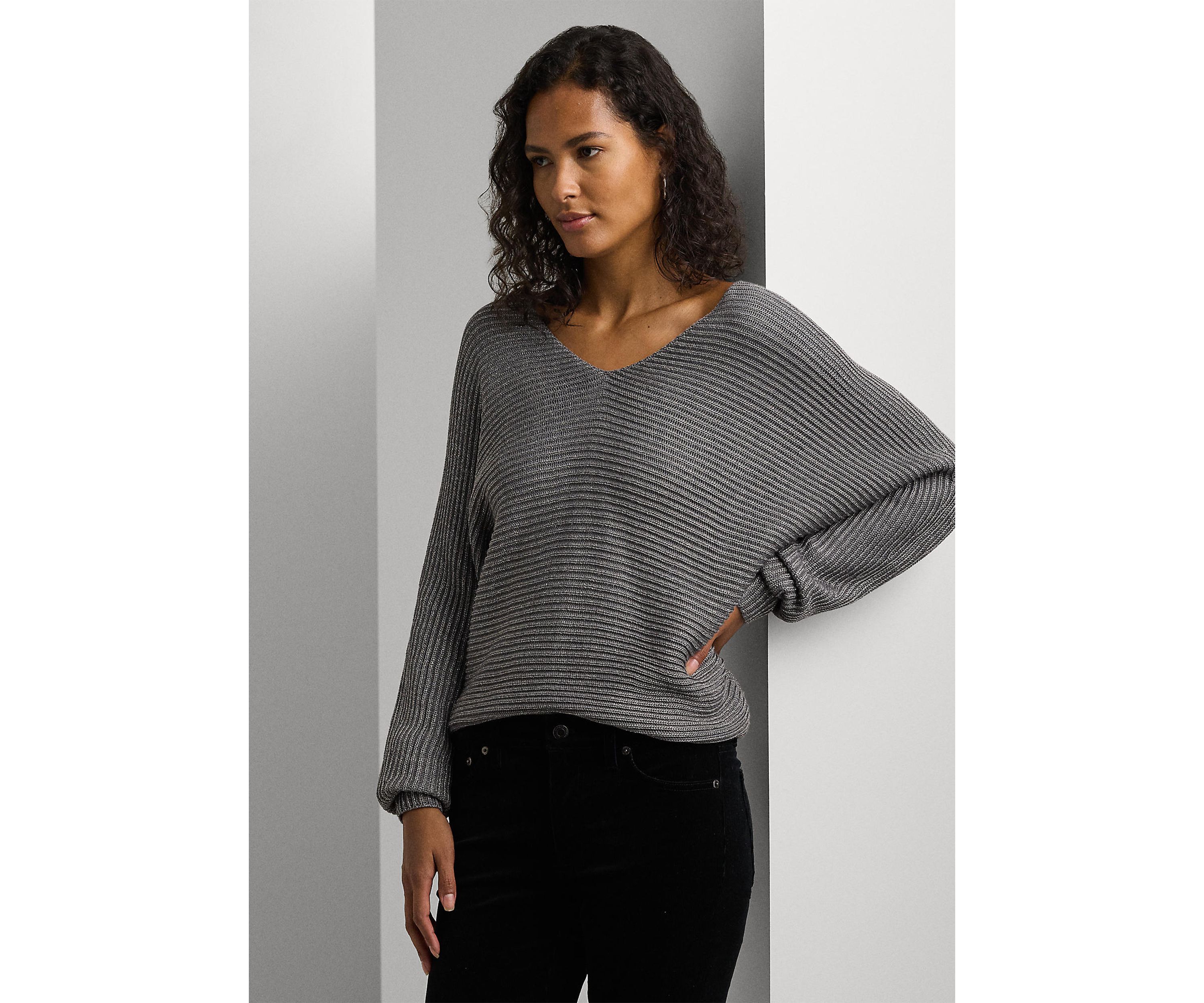 Petite Size Metallic Rib-Knit Dolman-Sleeve Sweater